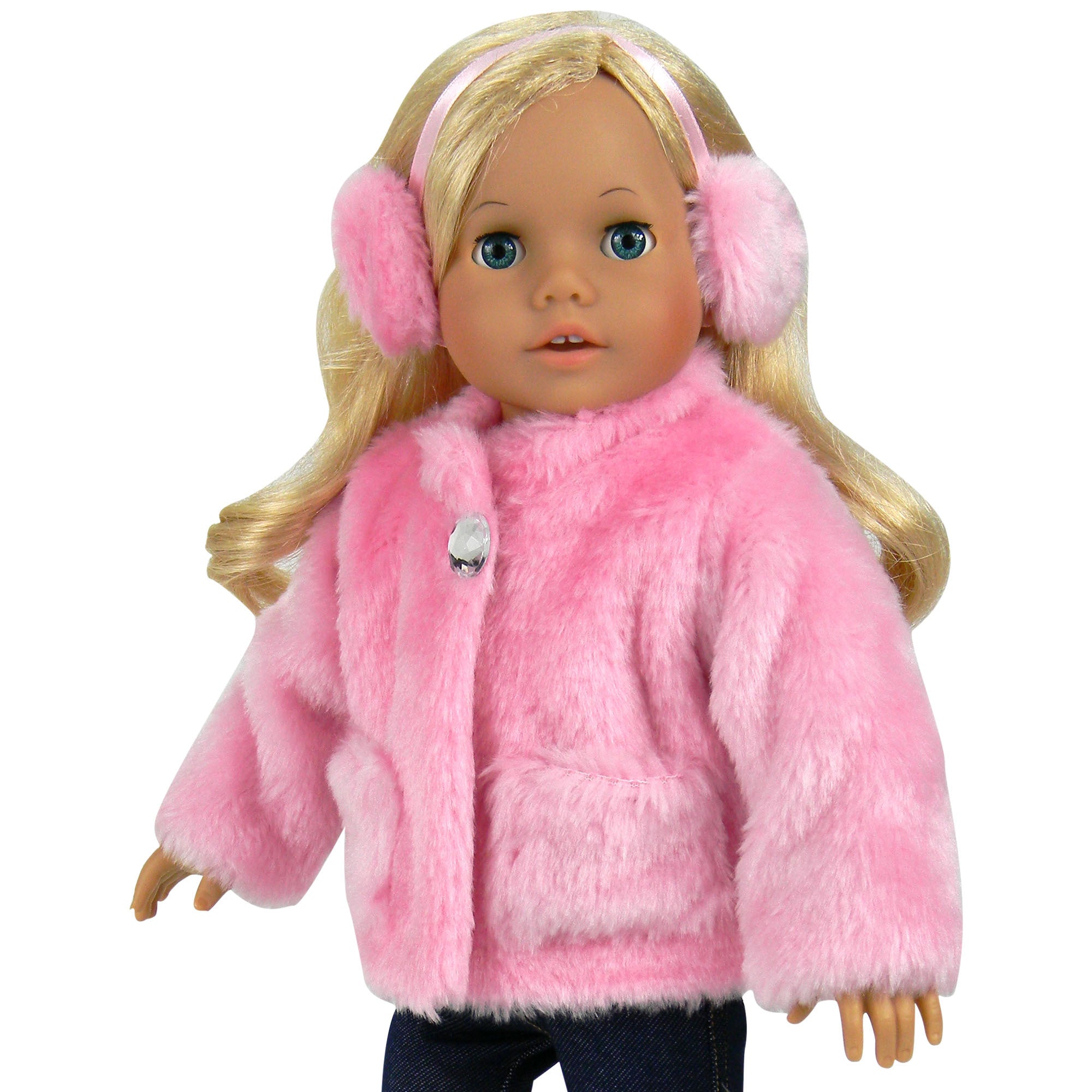 2 Piece Baby Doll Pink Fur Coat and Earmuffs Outfit, 18 Inch Doll Clothes Set