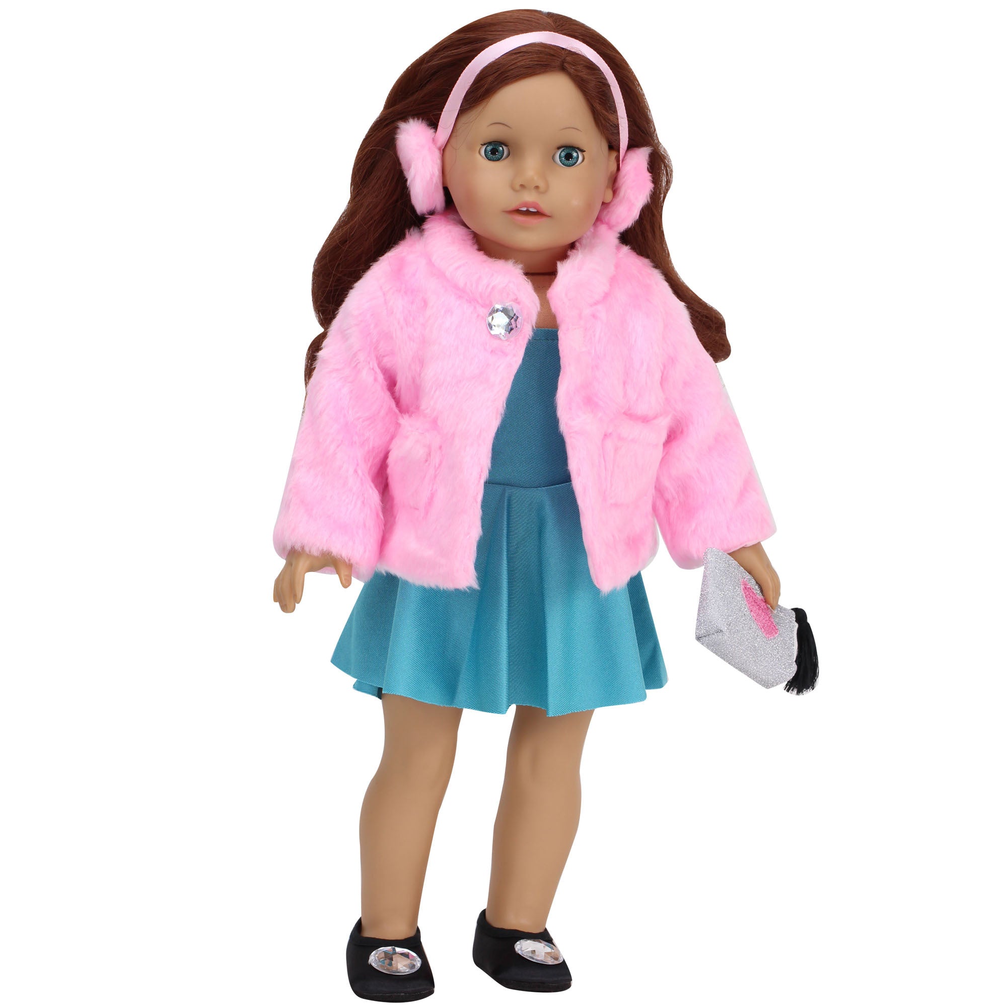 2 Piece Baby Doll Pink Fur Coat and Earmuffs Outfit, 18 Inch Doll Clothes Set