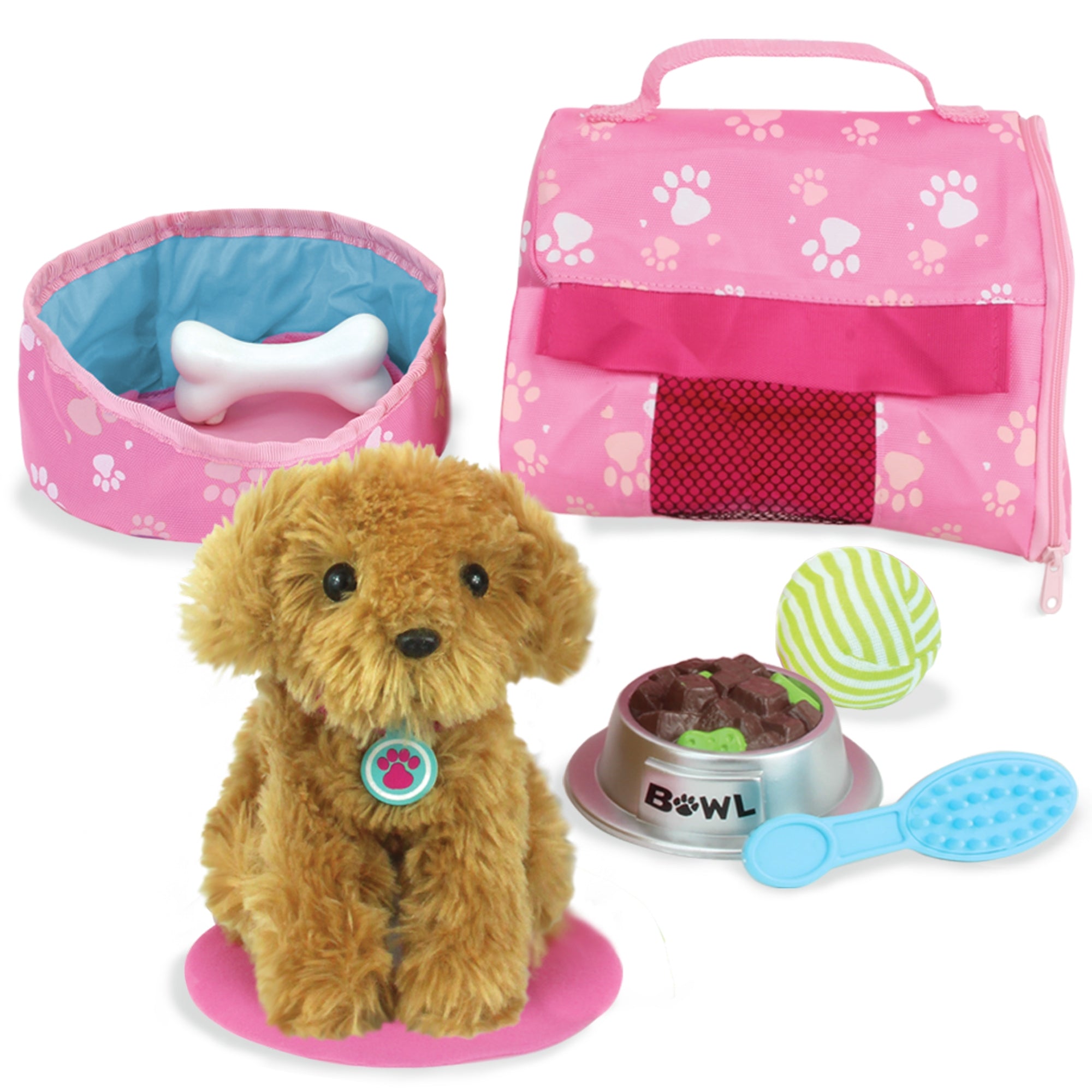Plush Puppy Dog Carrier & 8 Interactive Accessories 18" Baby Dolls