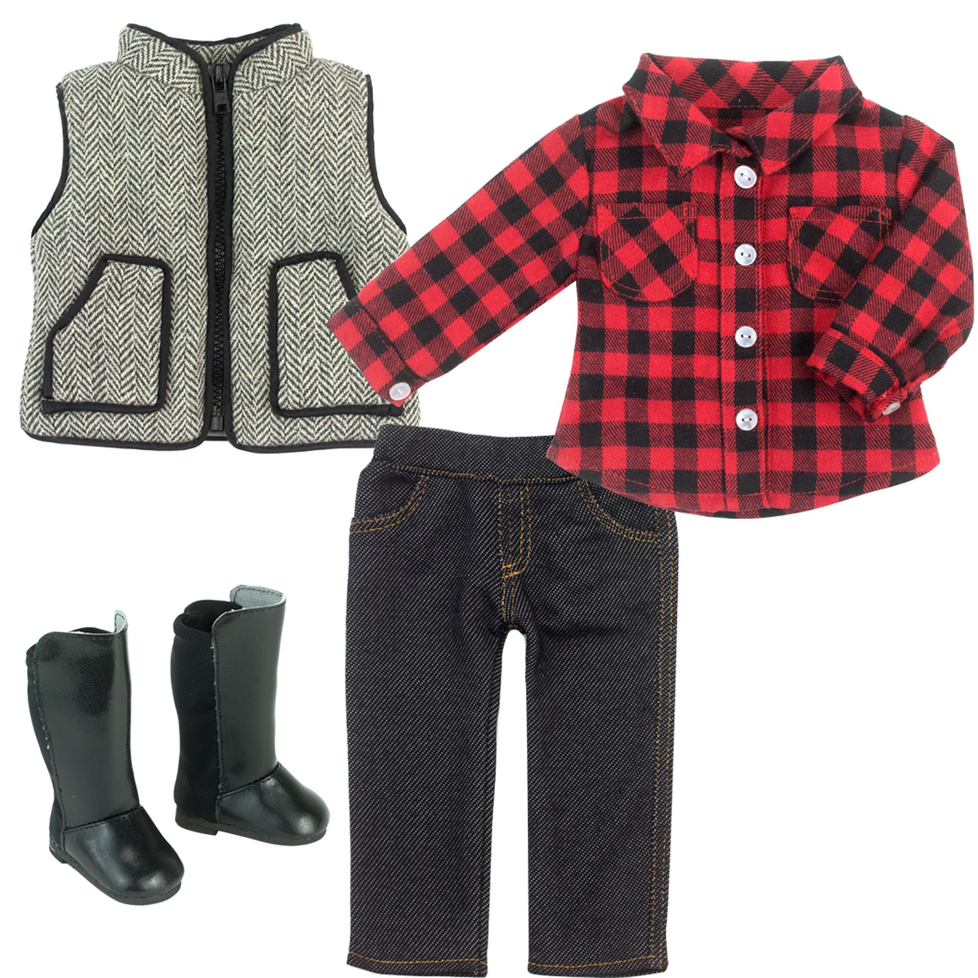 4 Pcs Baby Dolls Clothes Set, 18" Doll Red Cowgirl Checked Shirt