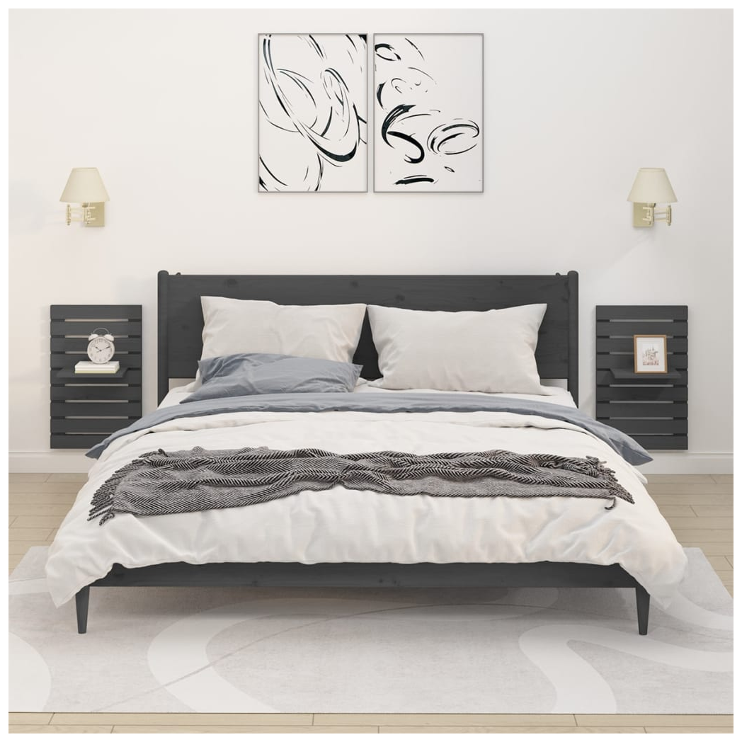 Wall-mounted Bedside Shelves 2 pcs Grey Solid Wood Pine