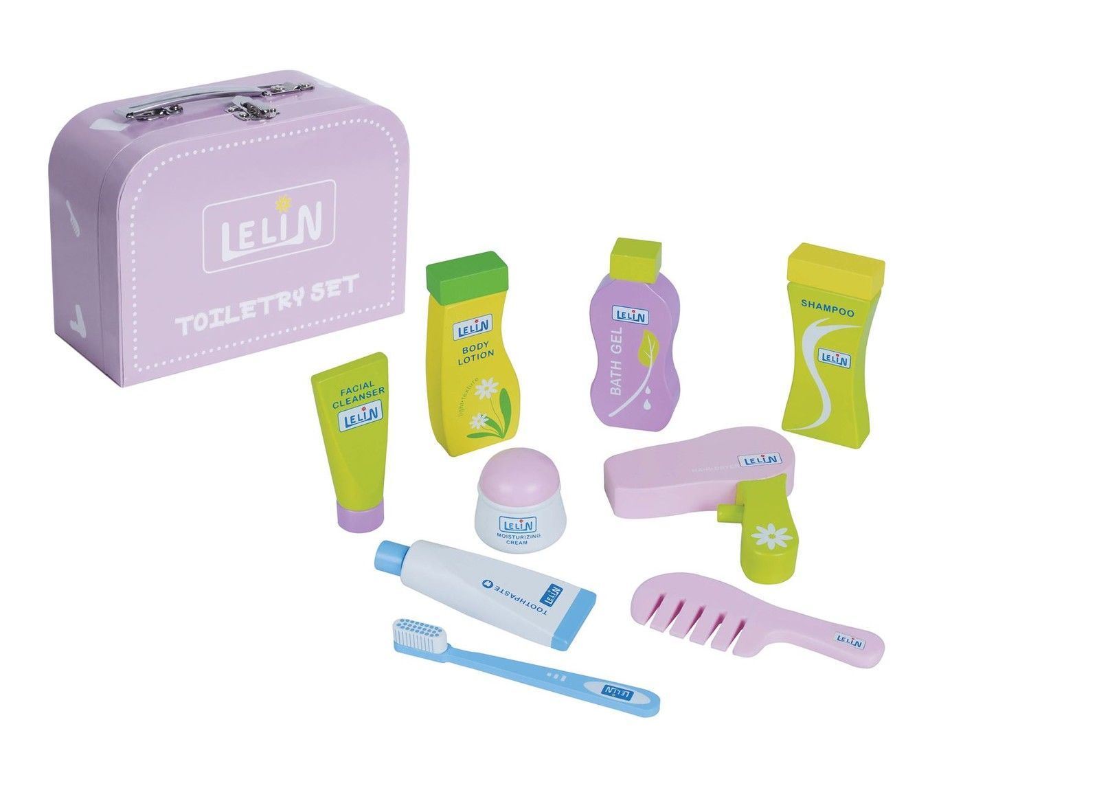 Lelin Wooden Toiletry Set Childrens Pretend Play Bathroom Travel Accessory Set