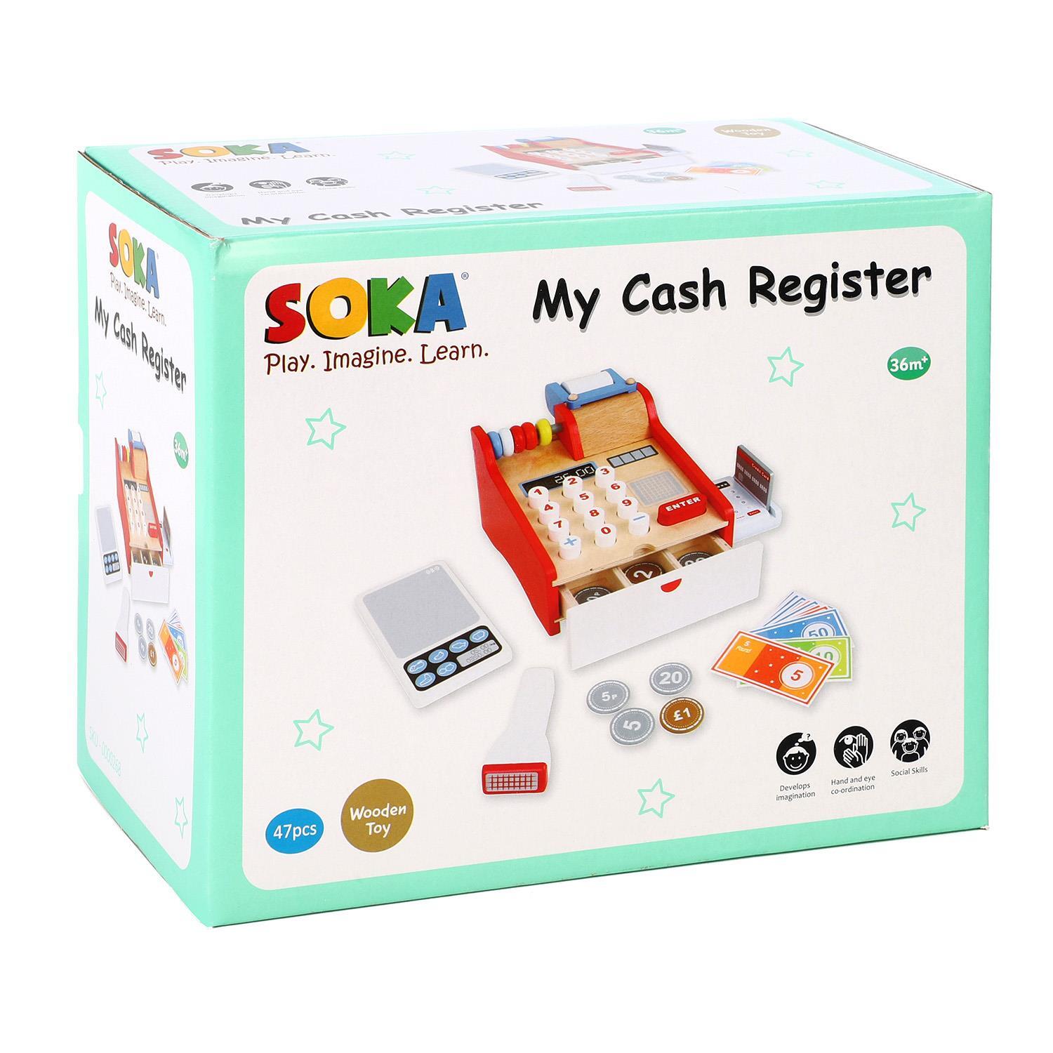 SOKA Wooden Cash Register Children's Shop Grocery Checkout Till Toy