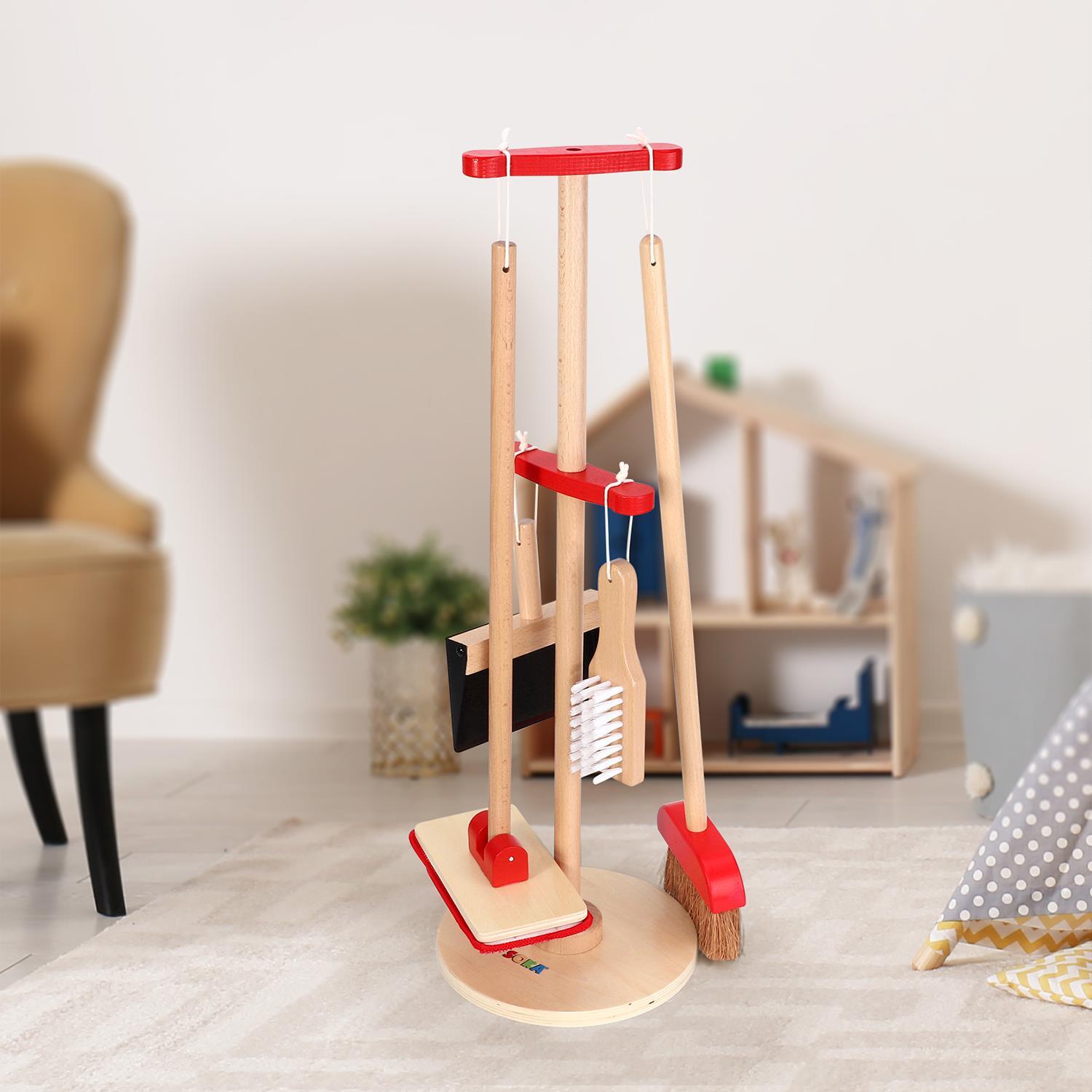 Lelin 11PC Toy Cleaning Kit with Broom Mop Dustpan Brush & Stand For Pretend Play