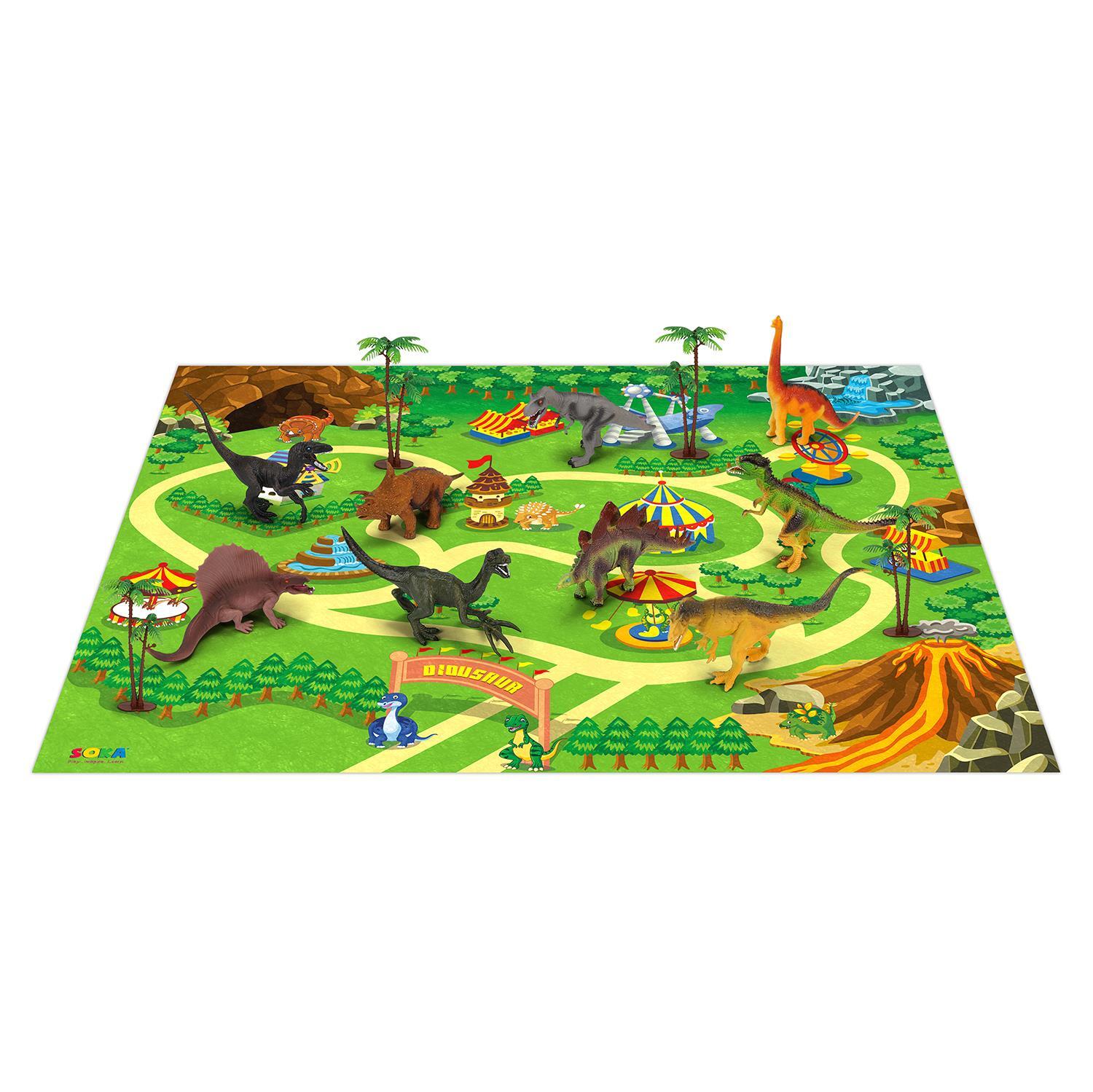 SOKA Dinosaur Jurassic Toy Figure Set with Activity Play Mat & Trees for kids