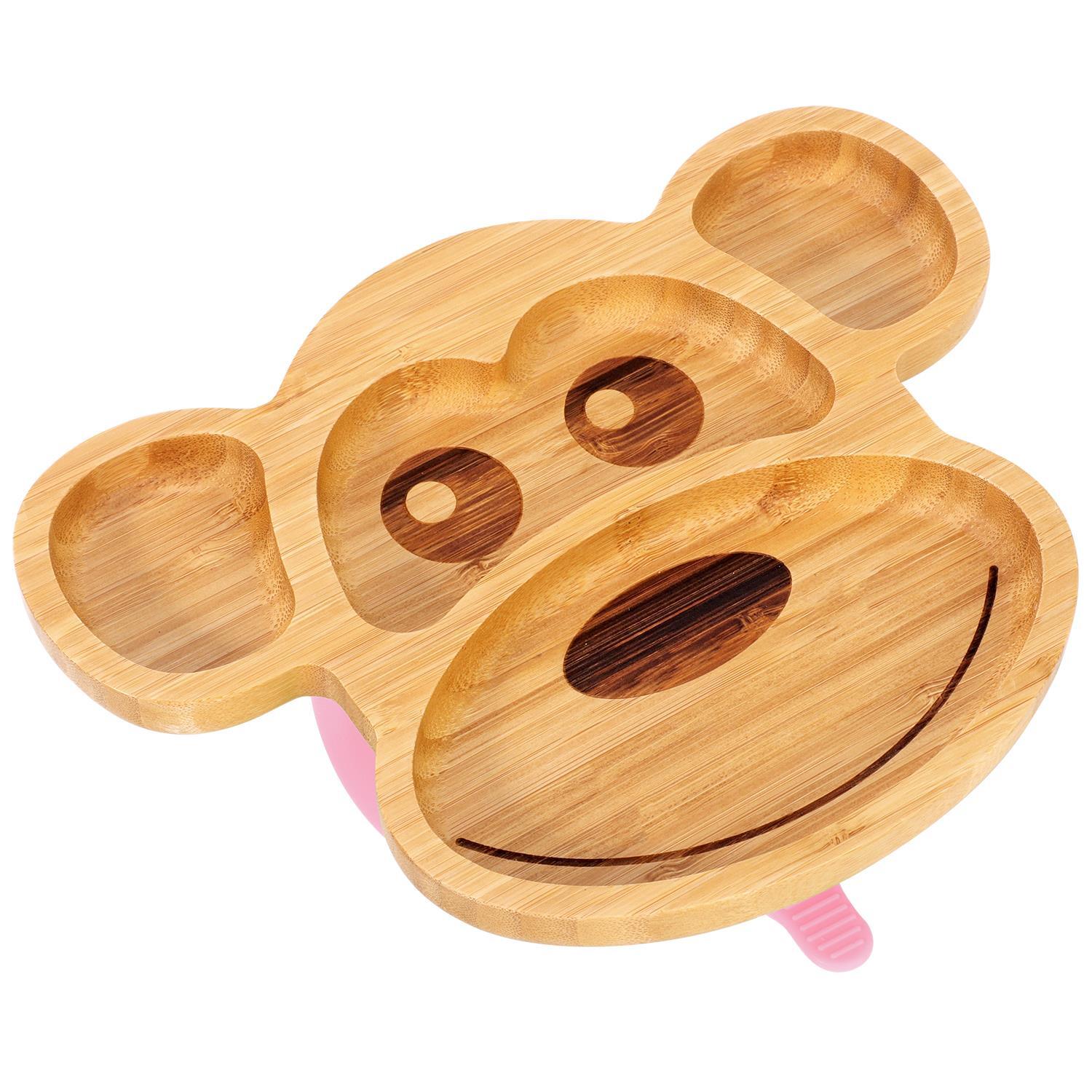 Bamboo Monkey Plate Bowl & Spoon Set Suction Bowls Stay-Put Design - PINK