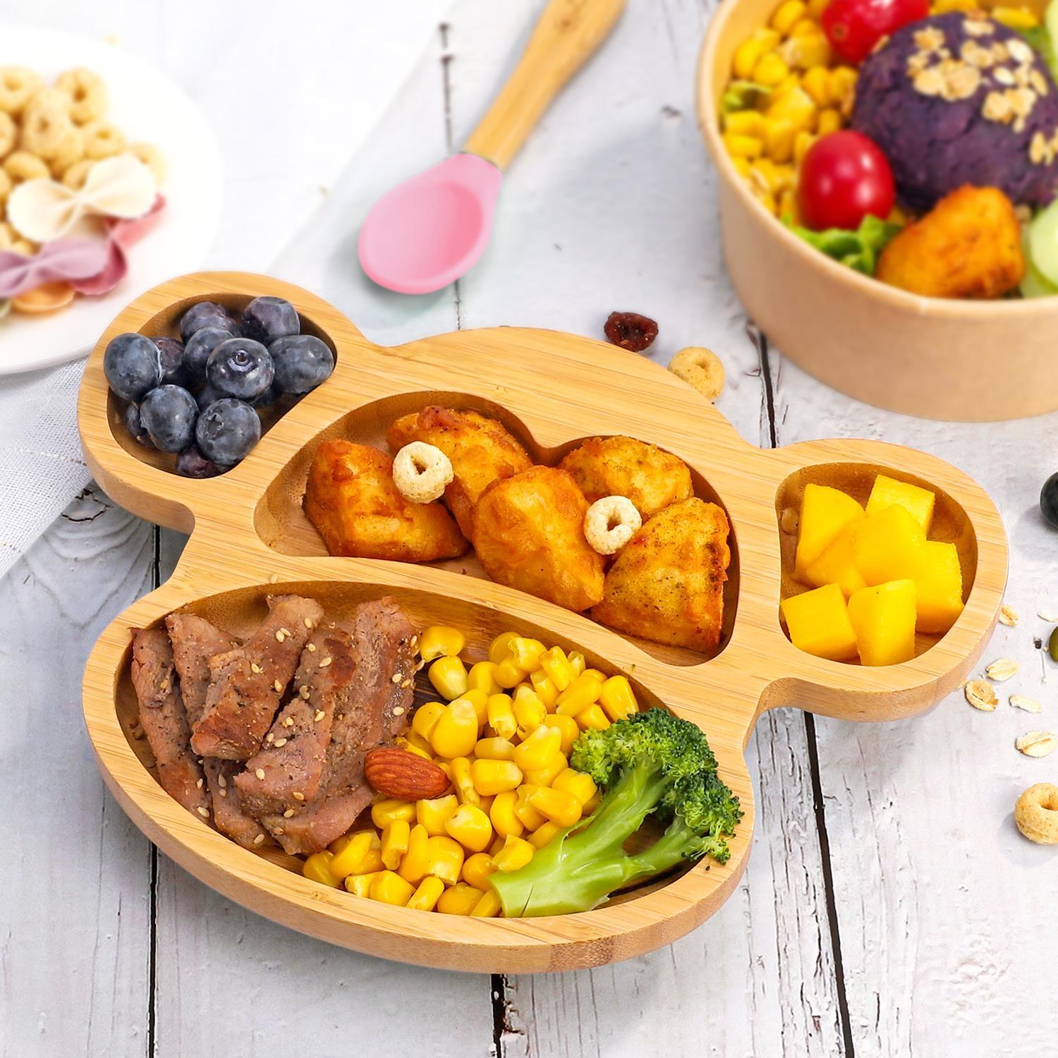 Bamboo Monkey Plate Bowl & Spoon Set Suction Bowls Stay-Put Design - PINK