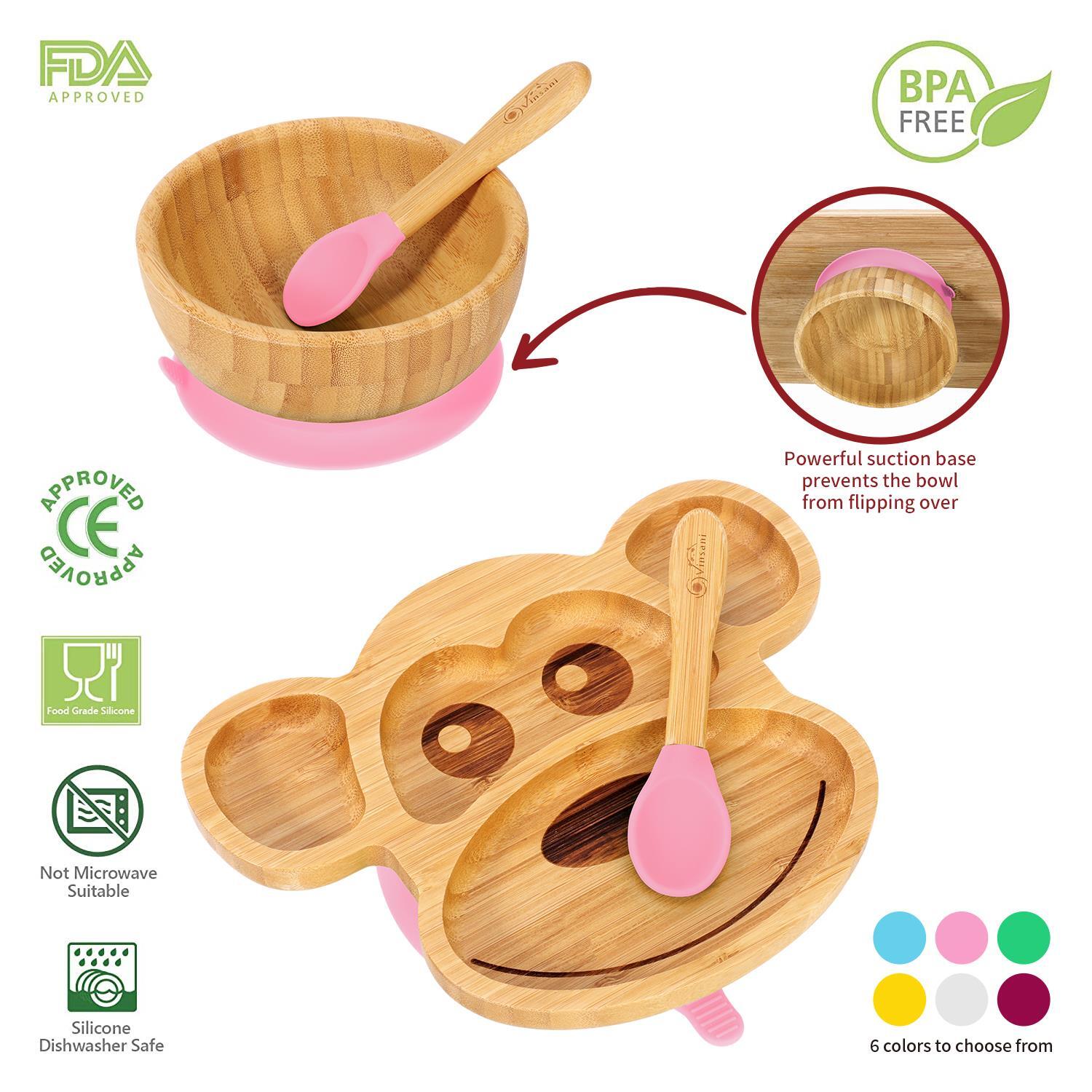 Bamboo Monkey Plate Bowl & Spoon Set Suction Bowls Stay-Put Design - PINK