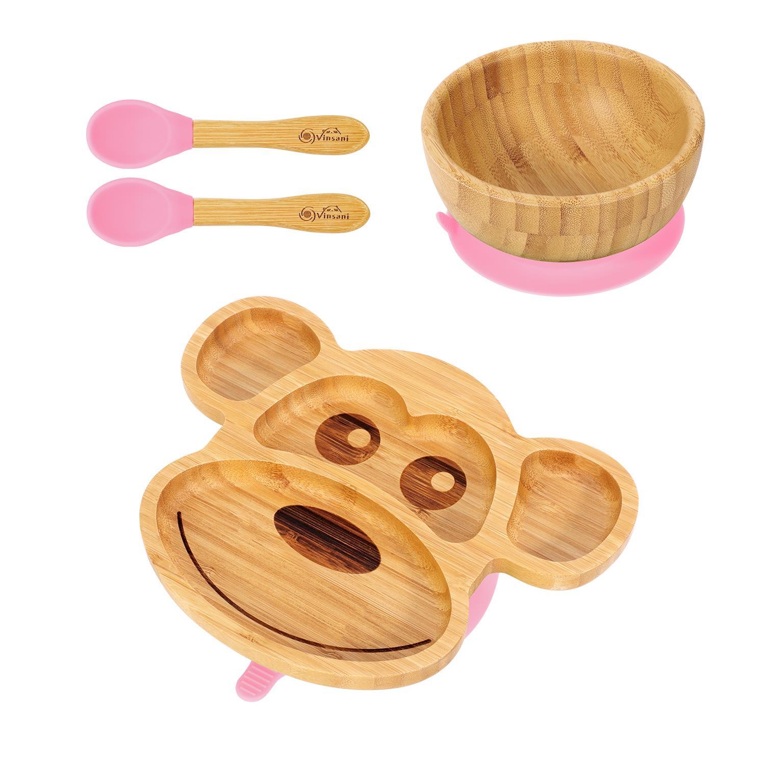 Bamboo Monkey Plate Bowl & Spoon Set Suction Bowls Stay-Put Design - PINK