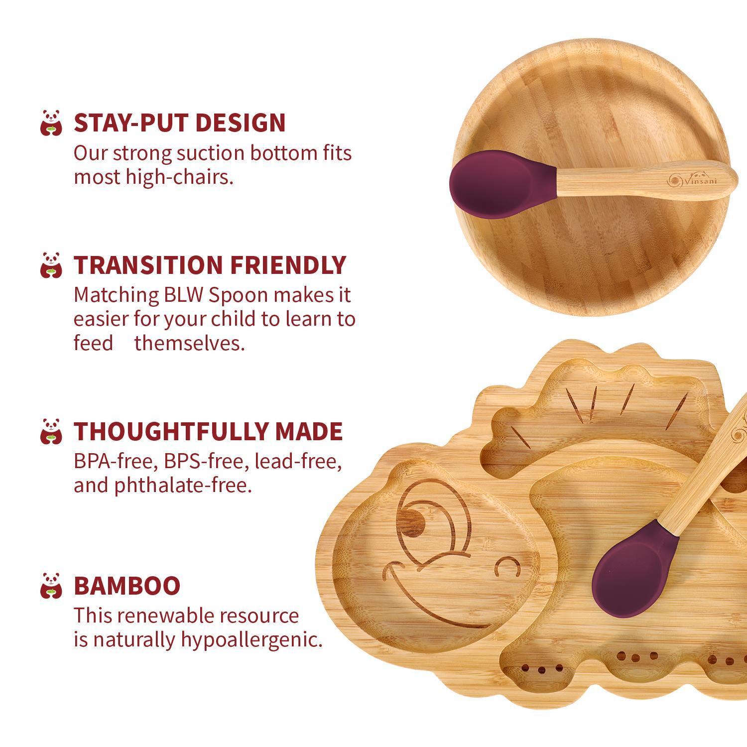 Bamboo Dinosaur Plate Bowl & Spoon Set Suction Bowl Stay-Put Design - RED