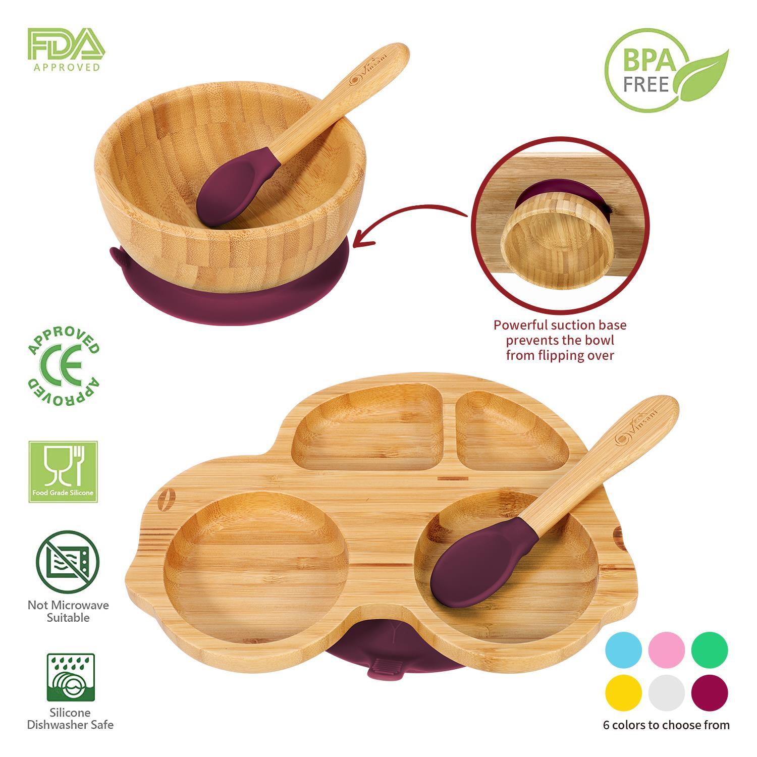Bamboo Car Plate Bowl & Spoon Set Suction Bowl Stay-Put Design for Kids - RED