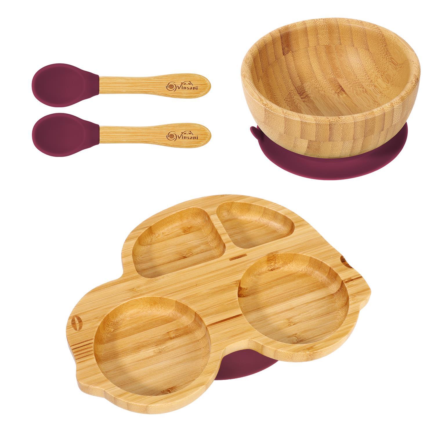 Bamboo Car Plate Bowl & Spoon Set Suction Bowl Stay-Put Design for Kids - RED