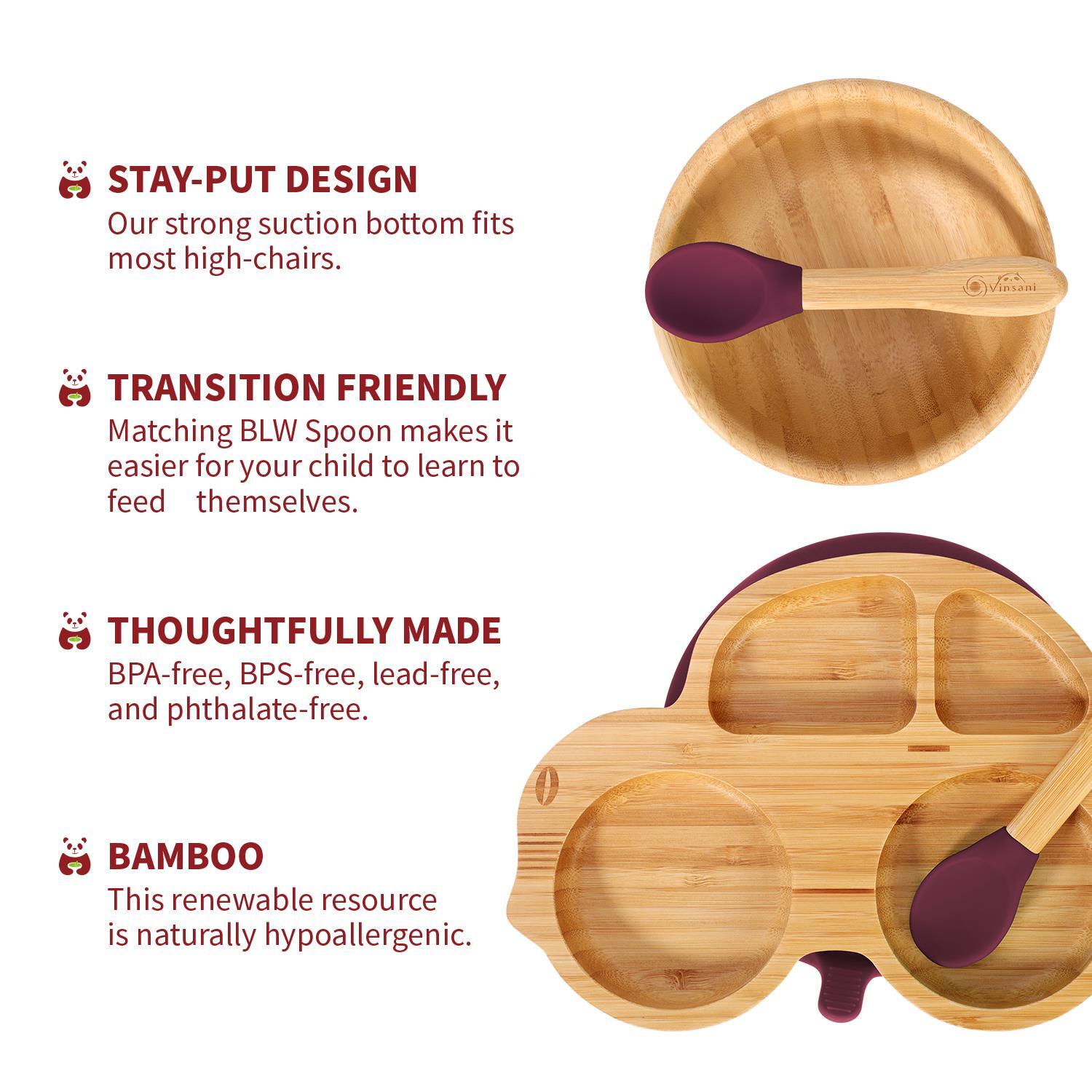 Bamboo Car Plate Bowl & Spoon Set Suction Bowl Stay-Put Design for Kids - RED