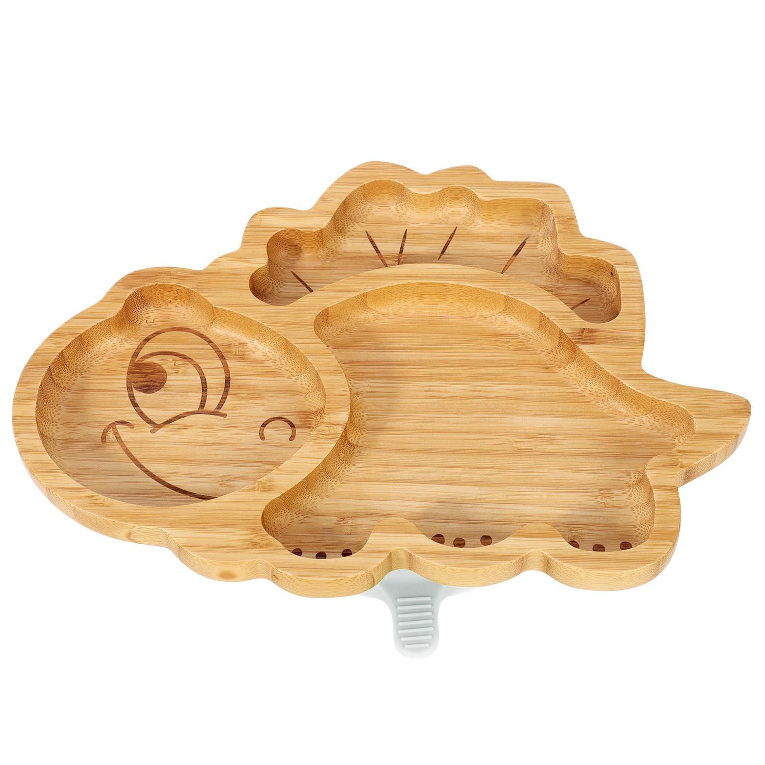 Bamboo Dinosaur Plate Bowl & Spoon Set Suction Bowl Stay-Put Design - GREY