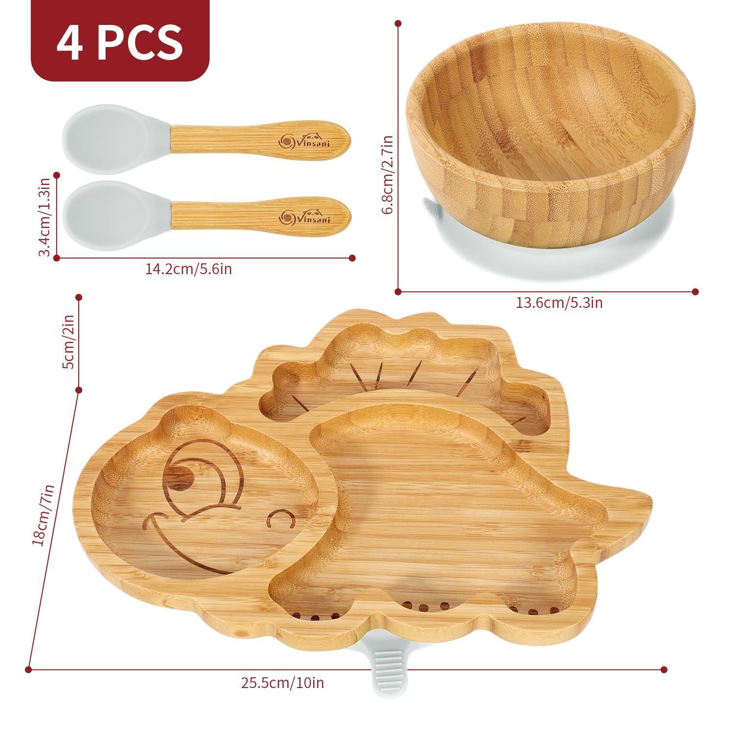 Bamboo Dinosaur Plate Bowl & Spoon Set Suction Bowl Stay-Put Design - GREY