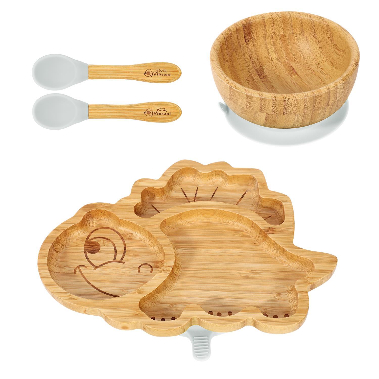 Bamboo Dinosaur Plate Bowl & Spoon Set Suction Bowl Stay-Put Design - GREY