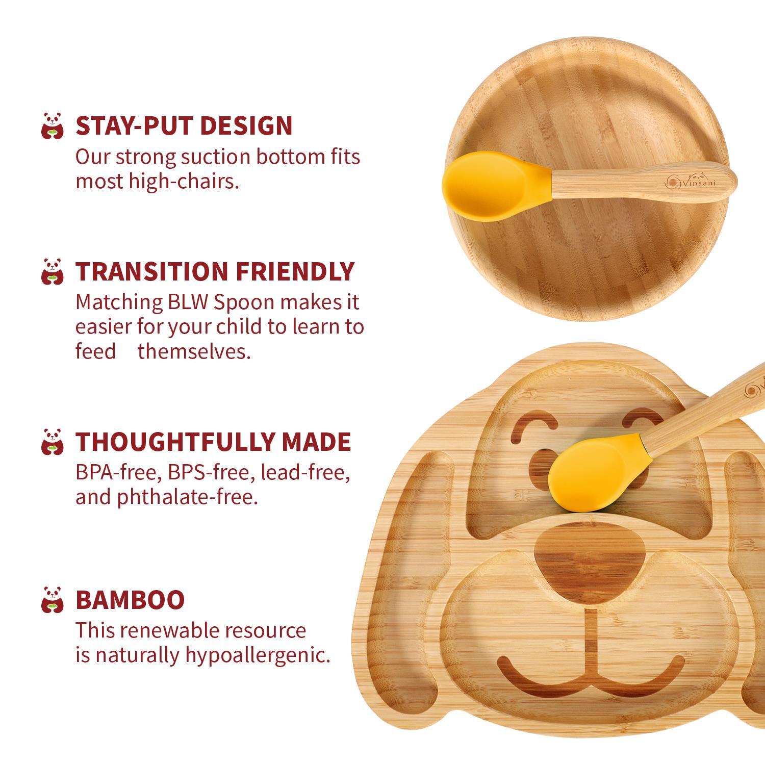 Bamboo Dog Plate Bowl & Spoon Set Suction Bowl Stay-Put Design - YELLOW