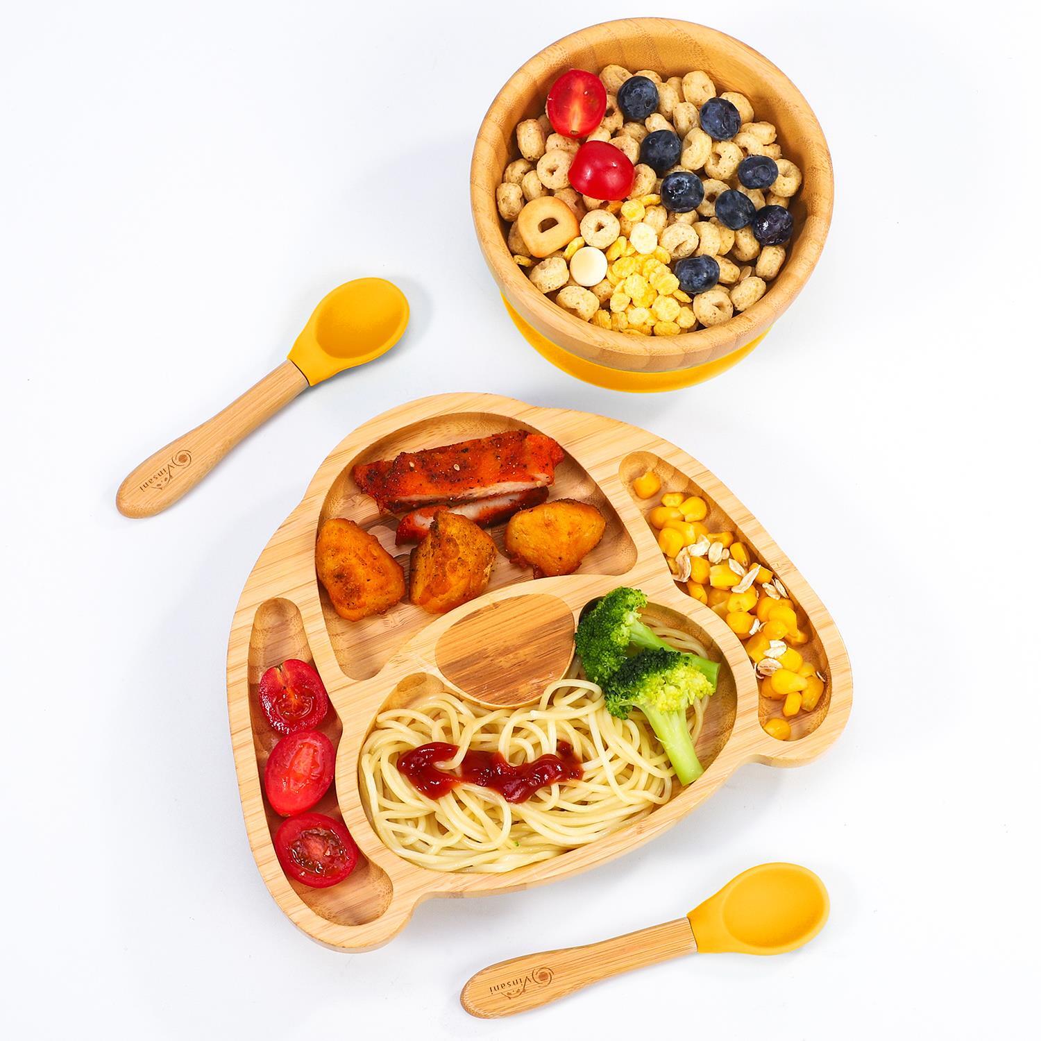 Bamboo Dog Plate Bowl & Spoon Set Suction Bowl Stay-Put Design - YELLOW