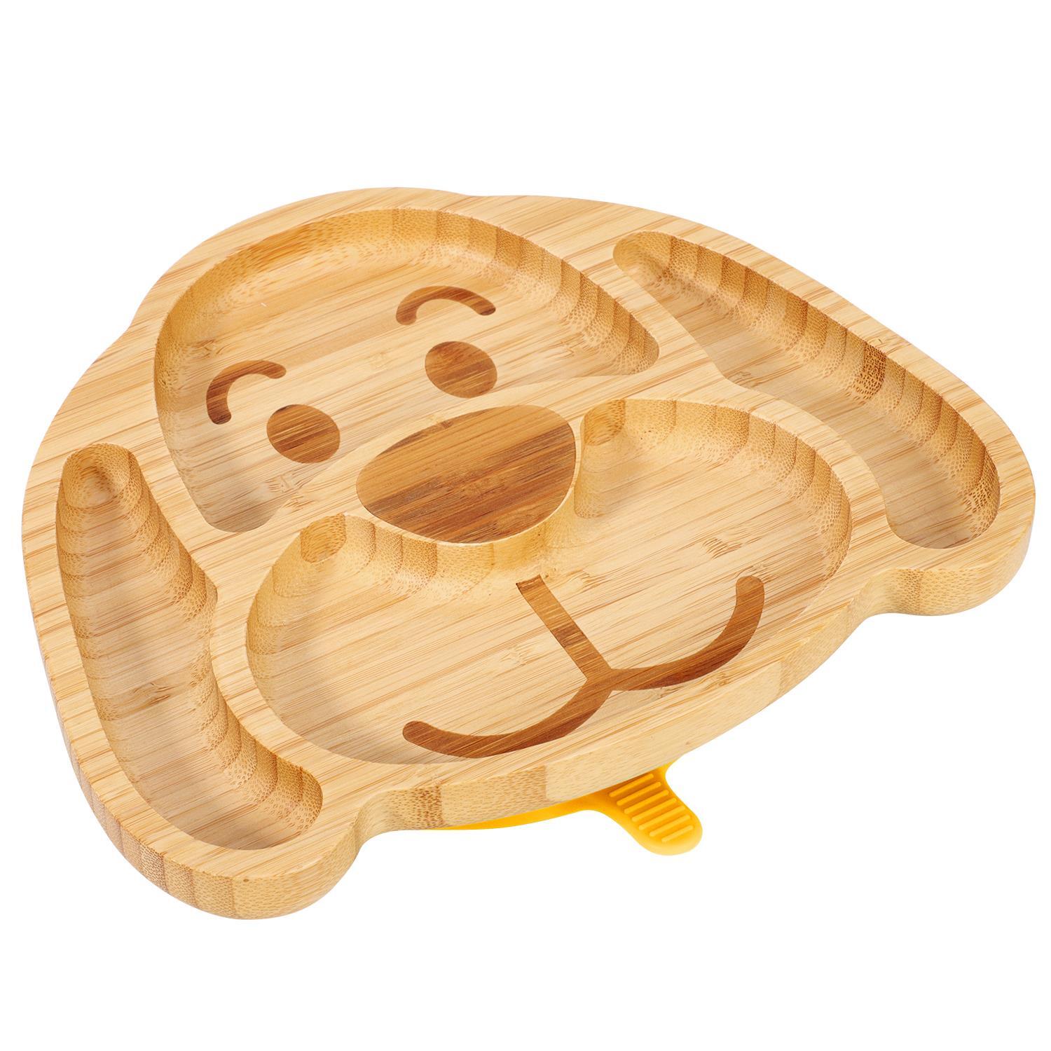 Bamboo Dog Plate Bowl & Spoon Set Suction Bowl Stay-Put Design - YELLOW