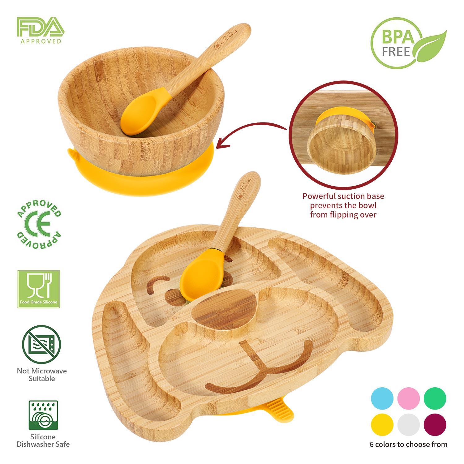 Bamboo Dog Plate Bowl & Spoon Set Suction Bowl Stay-Put Design - YELLOW