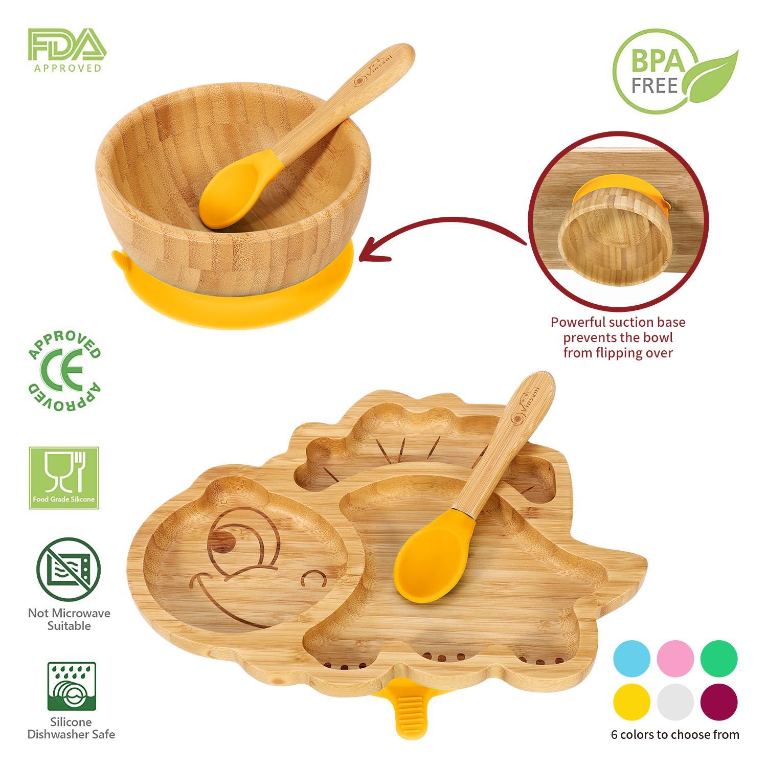 Bamboo Dinosaur Plate Bowl & Spoon Set Suction Bowl Stay-Put Design - YELLOW
