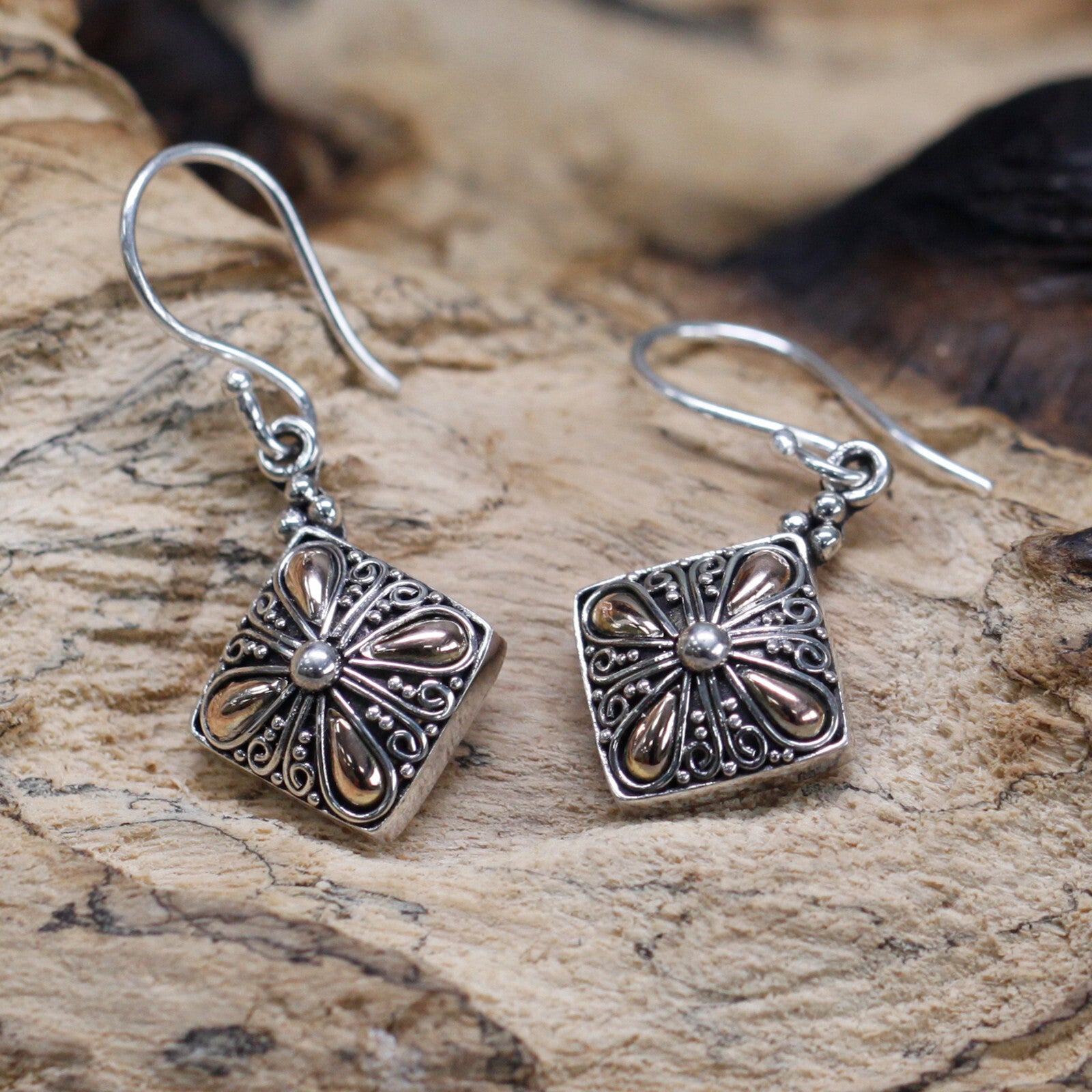 Silver & Gold Earring - Square Drop - Per case: 1 Piece