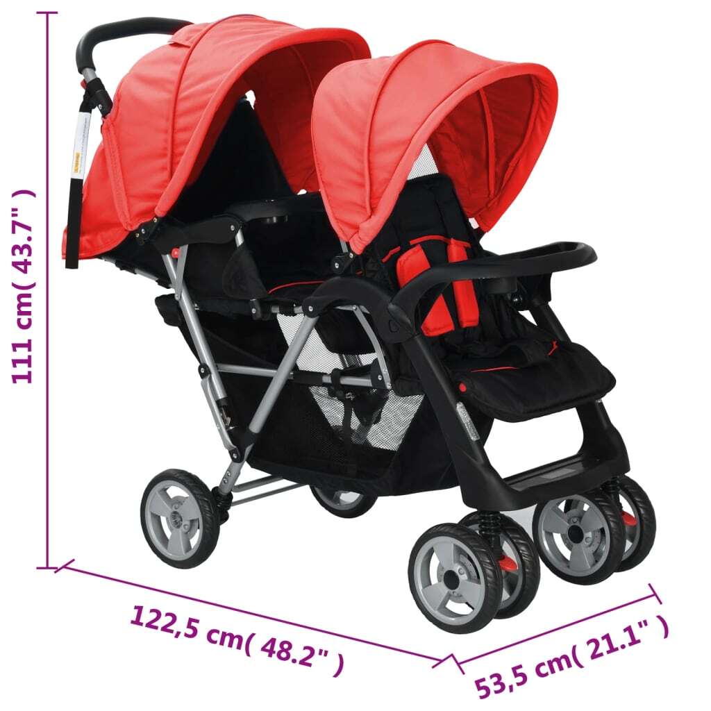 vidaXL Tandem Stroller Steel Red and Black