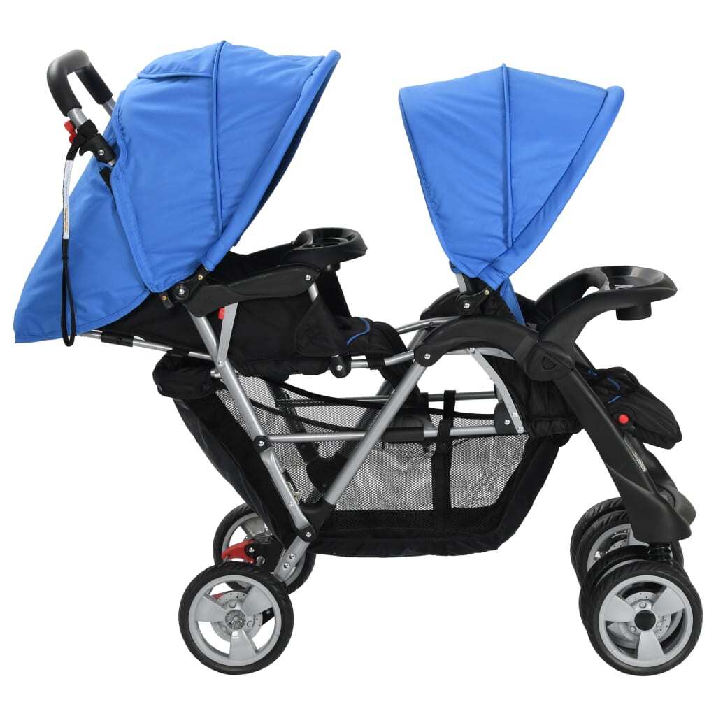 vidaXL Tandem Stroller Steel Blue and Black