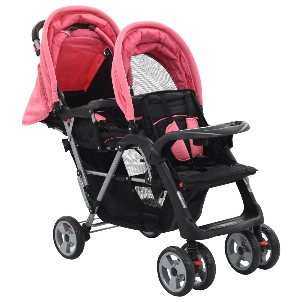 vidaXL Tandem Stroller Pink and Black Steel