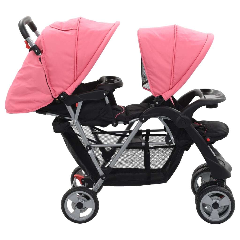 vidaXL Tandem Stroller Pink and Black Steel
