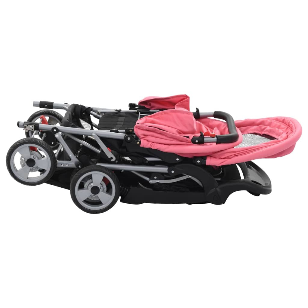 vidaXL Tandem Stroller Pink and Black Steel