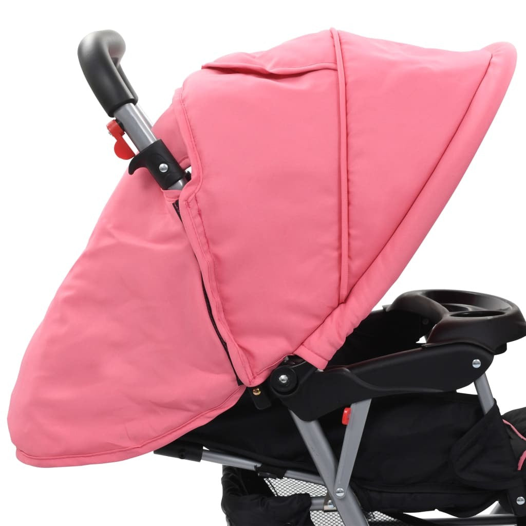 vidaXL Tandem Stroller Pink and Black Steel