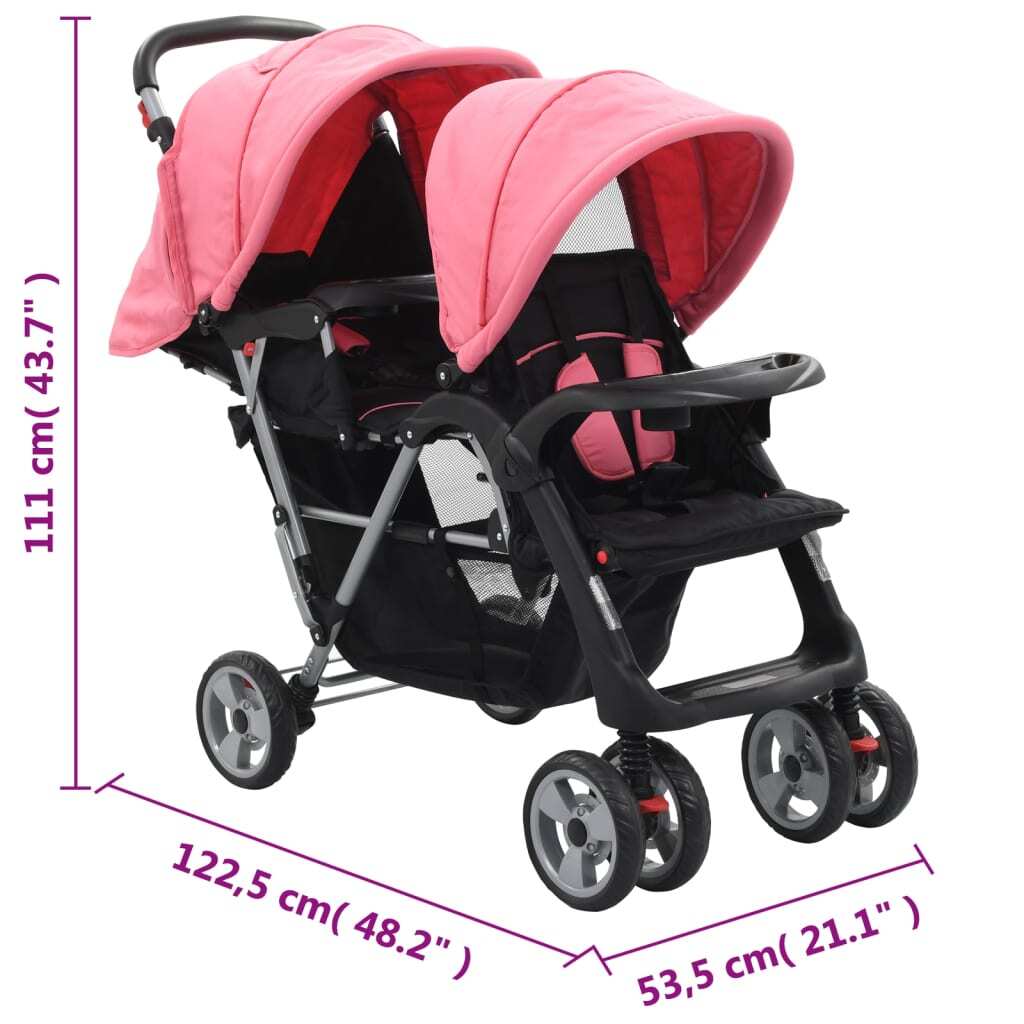 vidaXL Tandem Stroller Pink and Black Steel