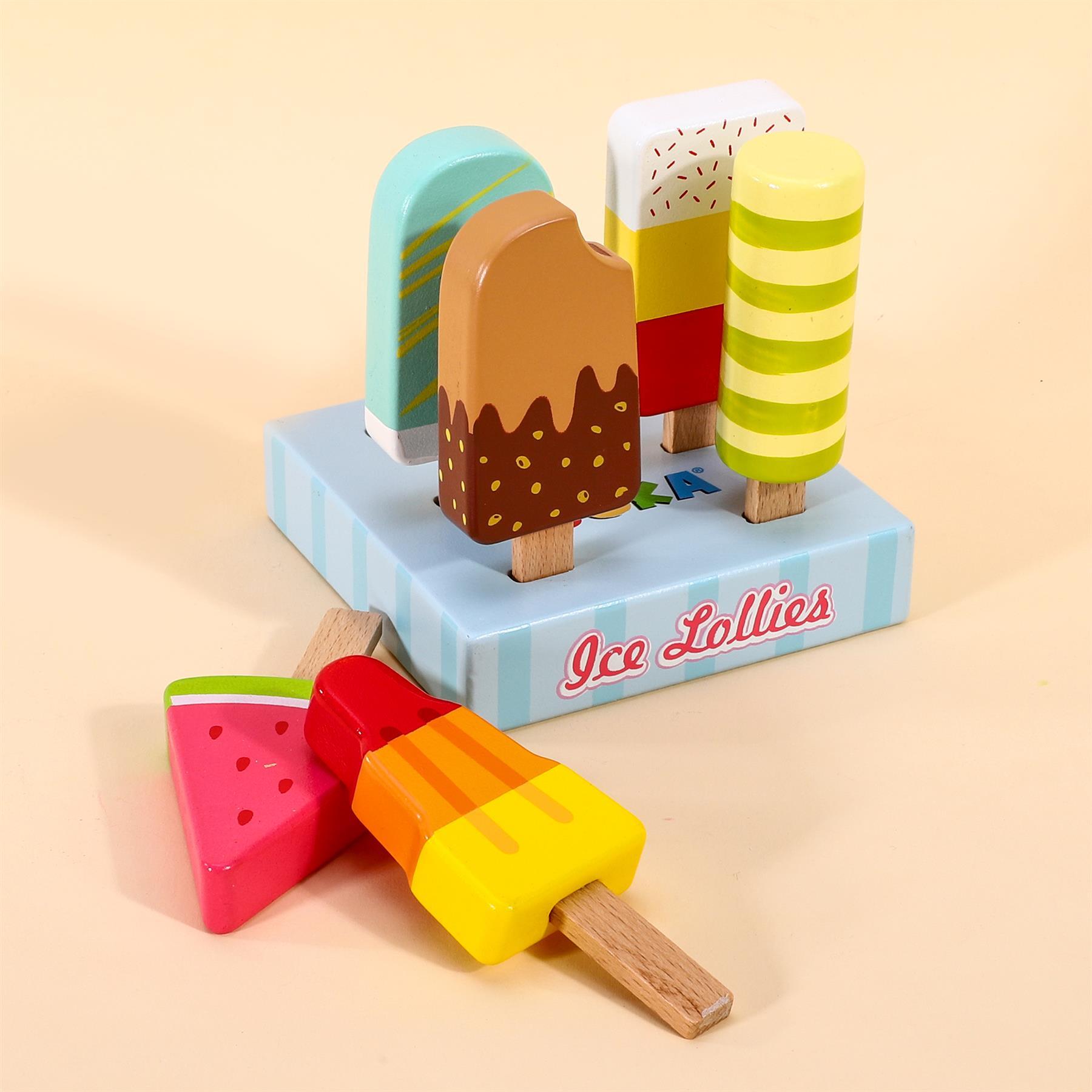 SOKA Wooden Ice Lollies 7 pcs Ice Cream Popsicle Selection Pretend Play Set 3+