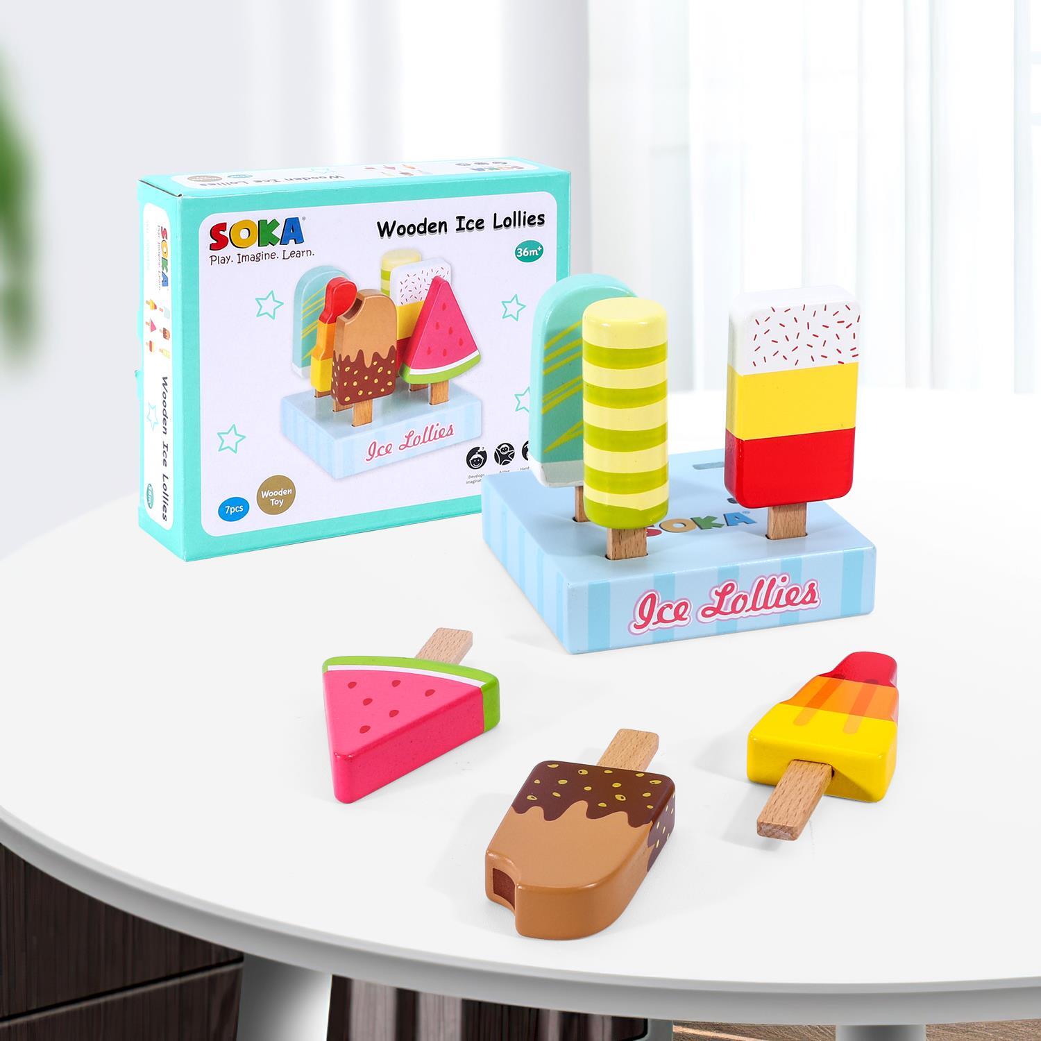 SOKA Wooden Ice Lollies 7 pcs Ice Cream Popsicle Selection Pretend Play Set 3+