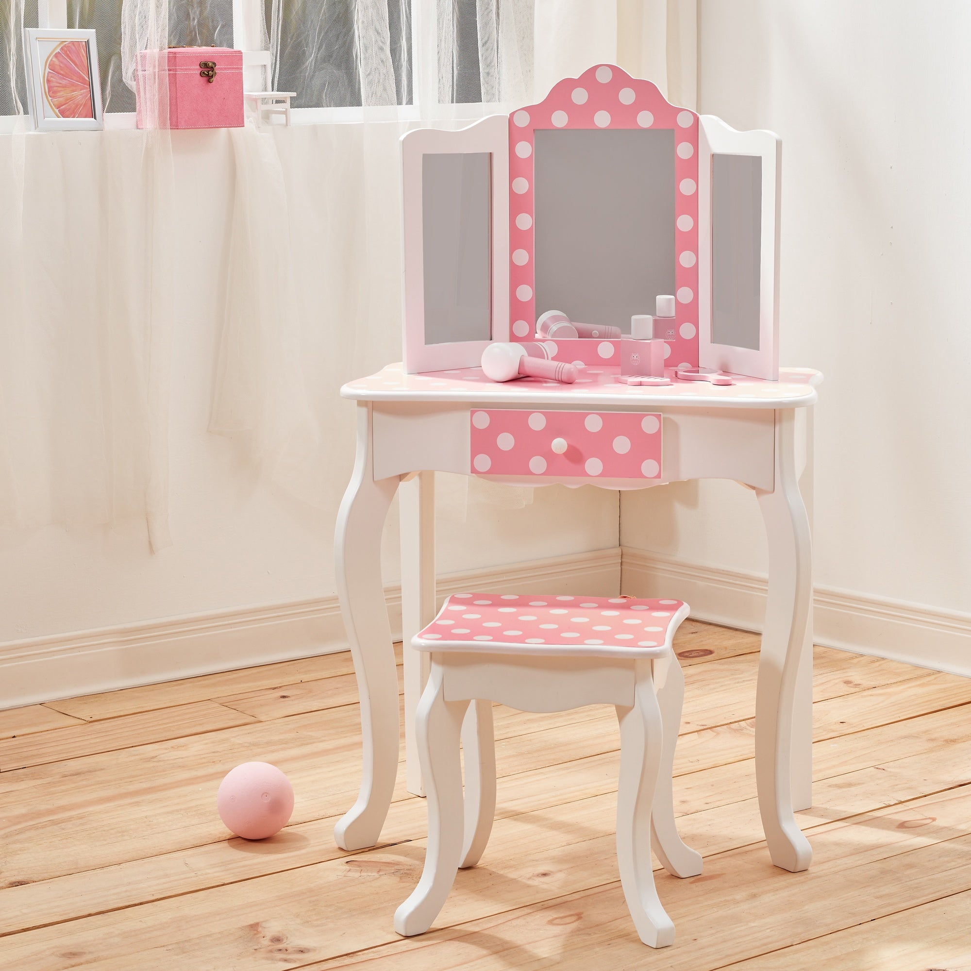 Fantasy Fields Kids Dressing Table & Stool, Vanity Set & Mirror, Polka Dots Pink