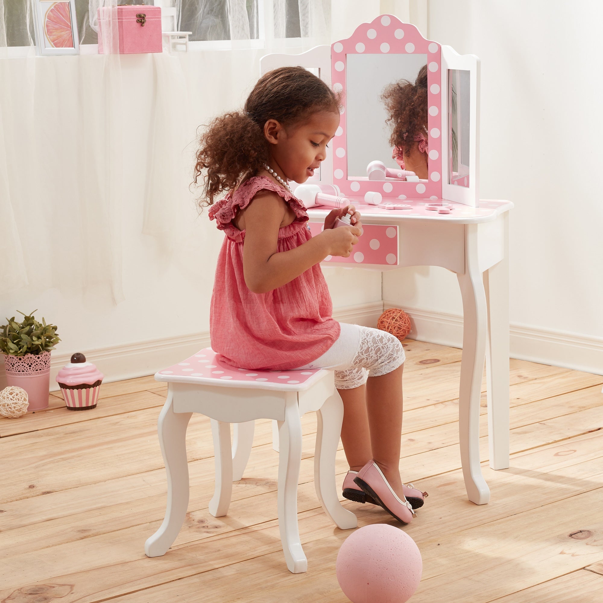 Fantasy Fields Kids Dressing Table & Stool, Vanity Set & Mirror, Polka Dots Pink