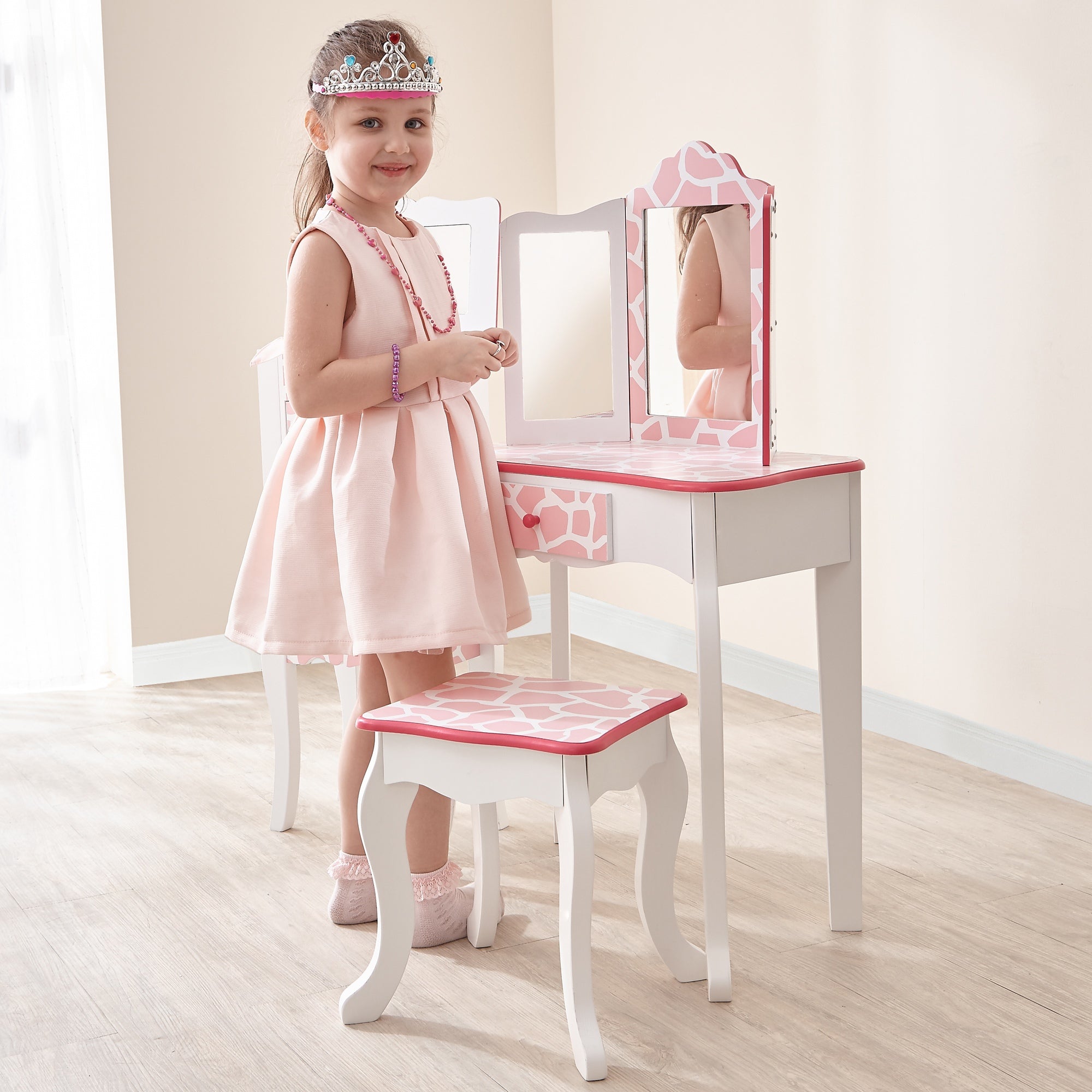 Fantasy Fields Dressing Table Vanity Set w/ Mirror Stool Animal Print TD-11670D