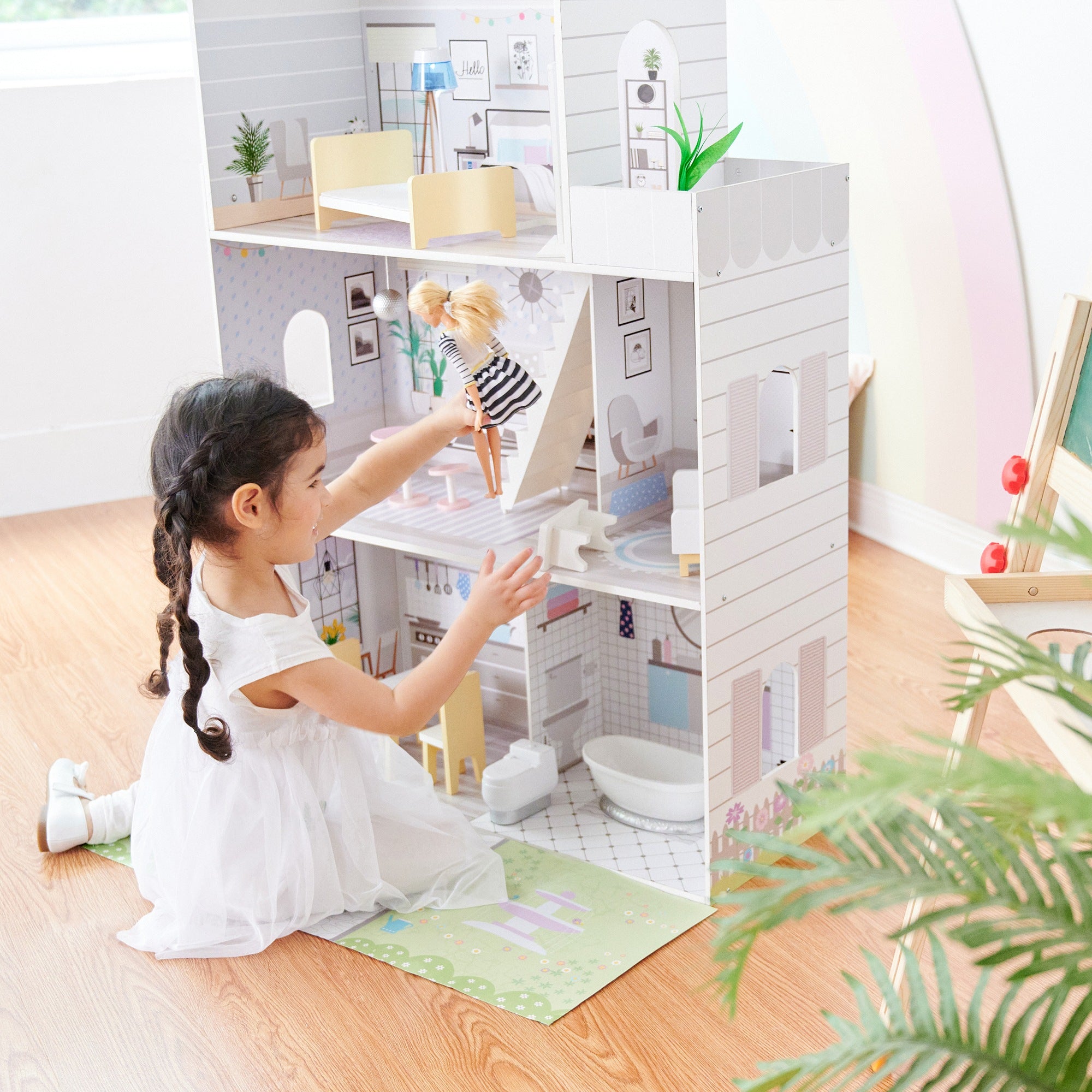 Olivia's Little World Large Kids Wooden Dolls House & 16 Accessories, Purple
