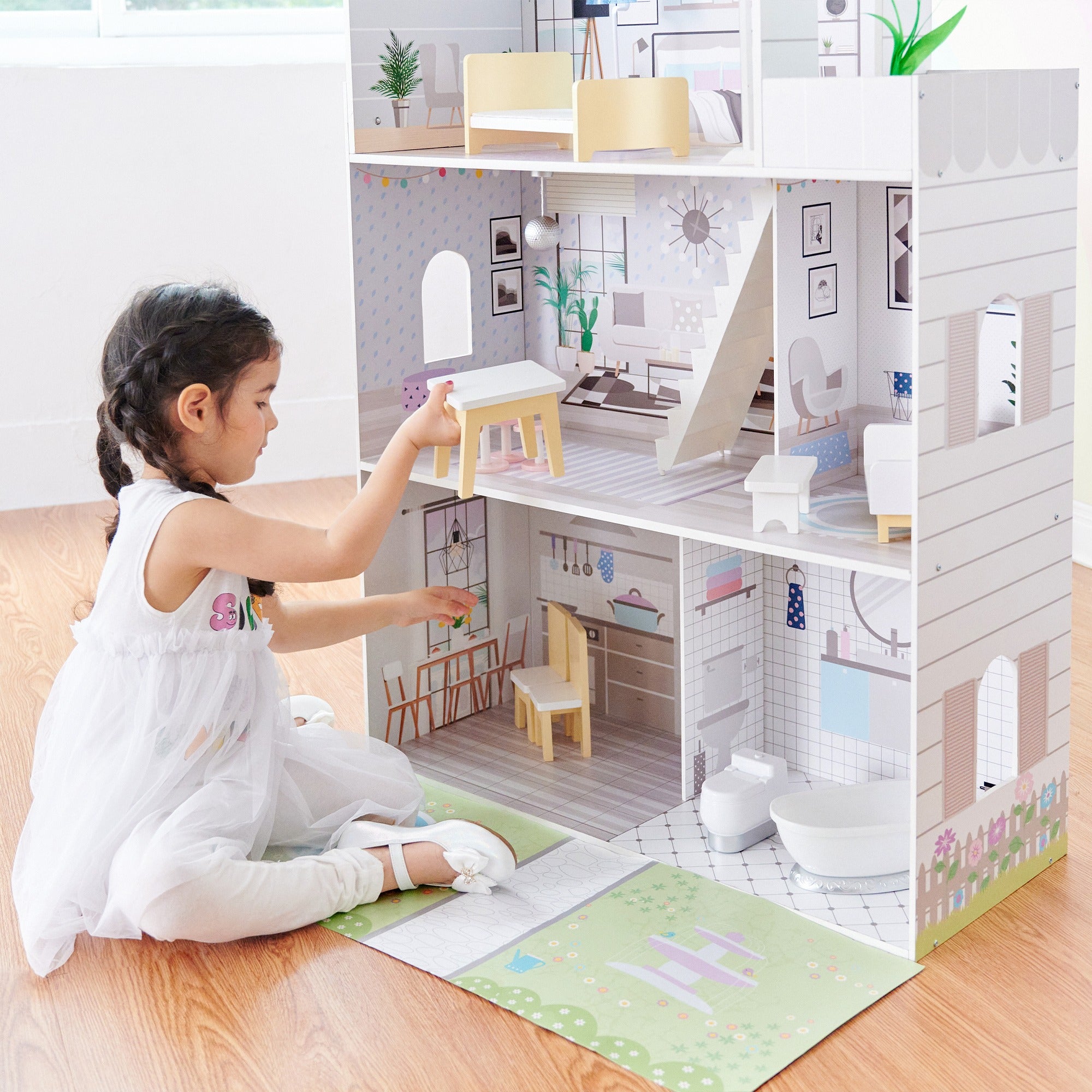 Olivia's Little World Large Kids Wooden Dolls House & 16 Accessories, Purple