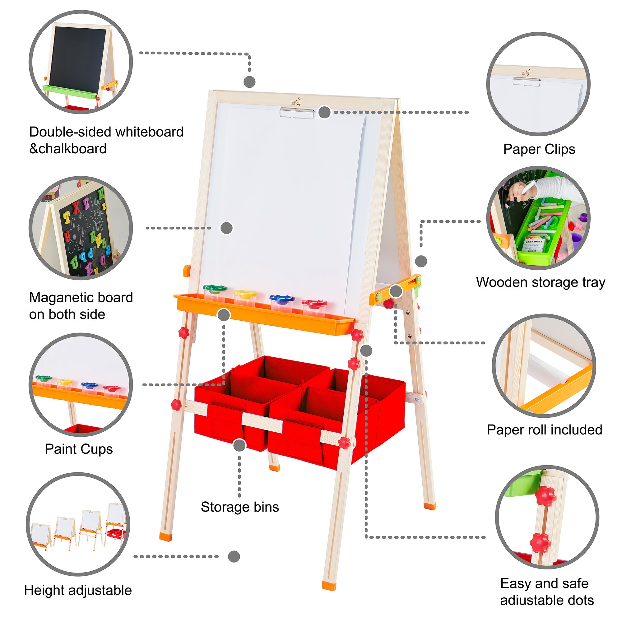 Kids Easel Chalkboard Blackboard Whiteboard Adjust Height TK-FB028R