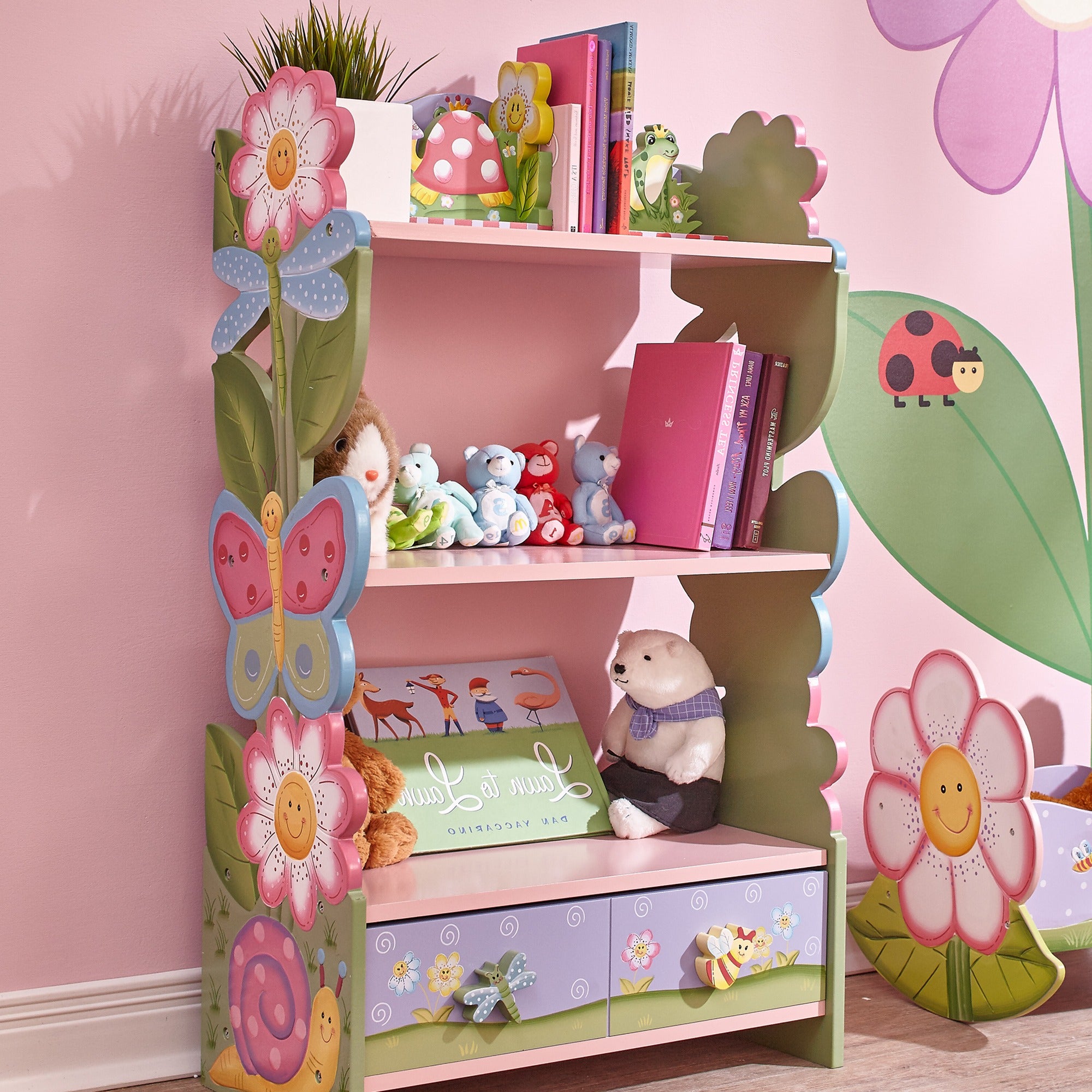 Fantasy Fields Kids Bookcase with Storage & Drawer, Pink Bookshelf for Children