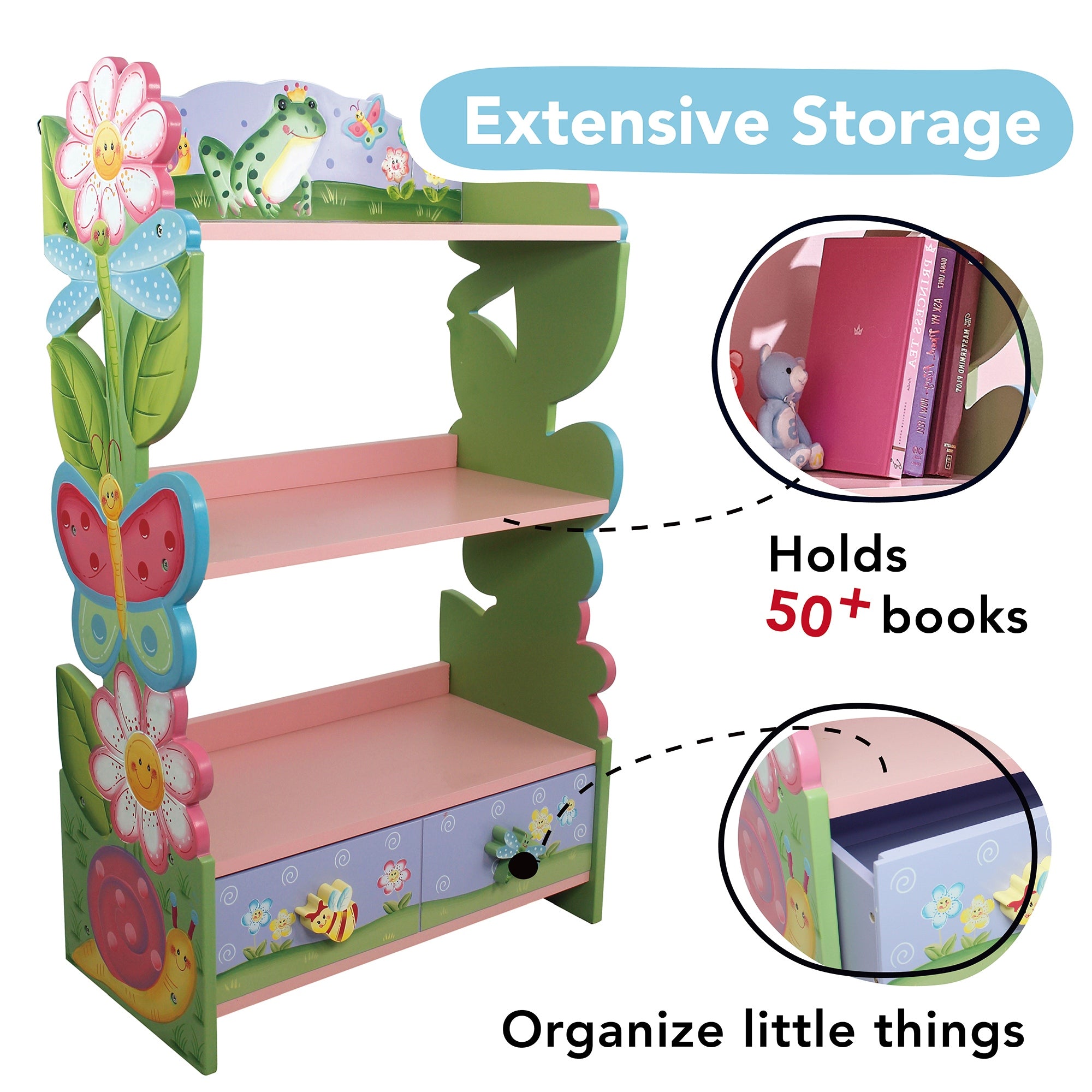 Fantasy Fields Kids Bookcase with Storage & Drawer, Pink Bookshelf for Children