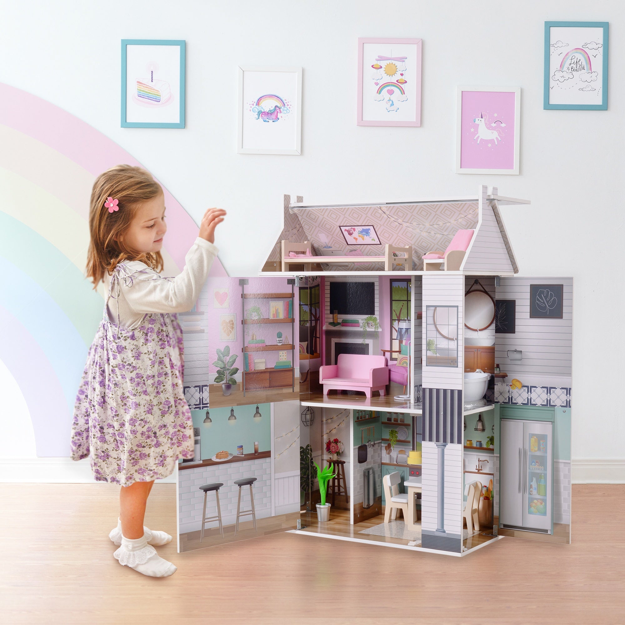 Olivia's Little World Kids Wooden Doll House 3 Floors & 13 Accessories TD-13632A