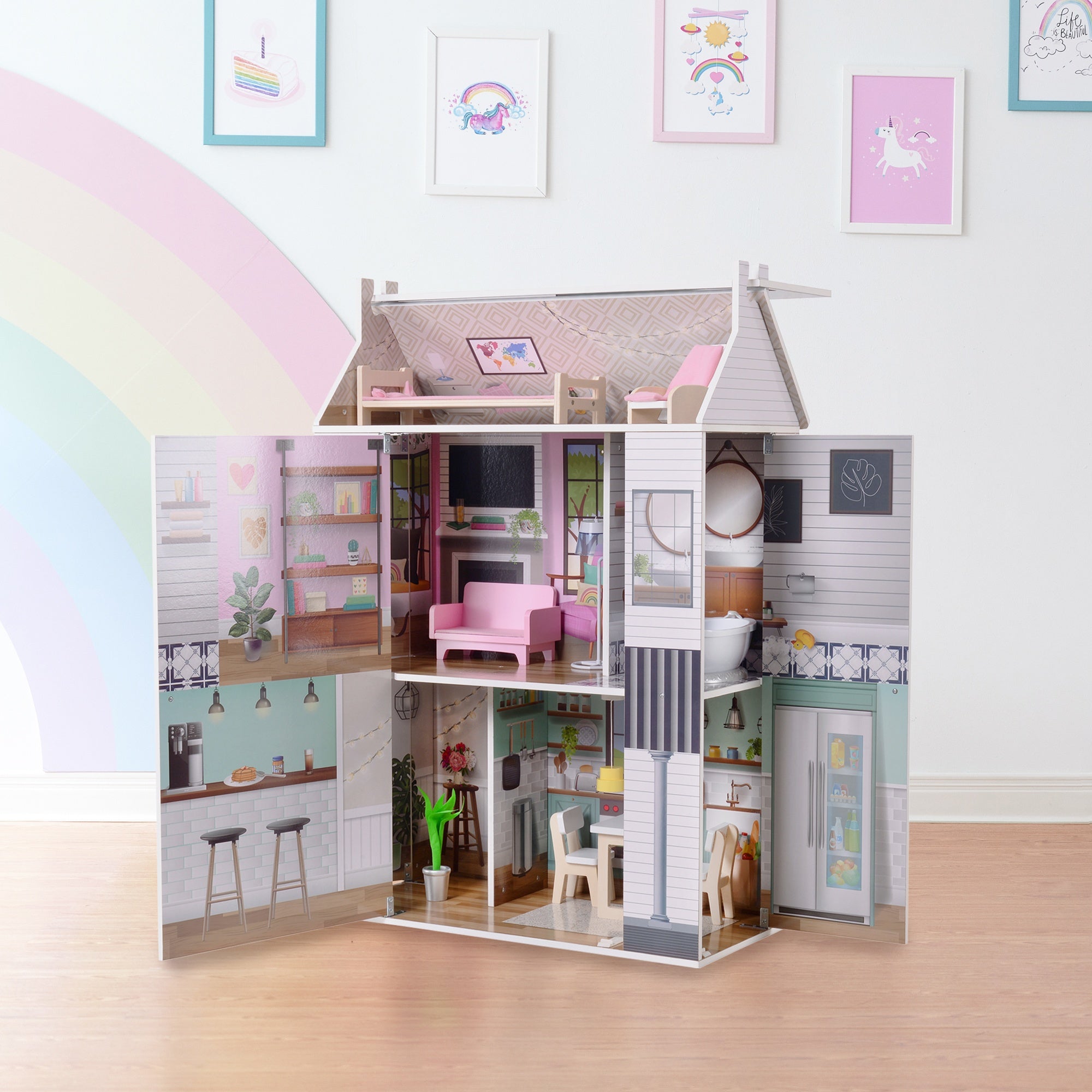 Olivia's Little World Kids Wooden Doll House 3 Floors & 13 Accessories TD-13632A