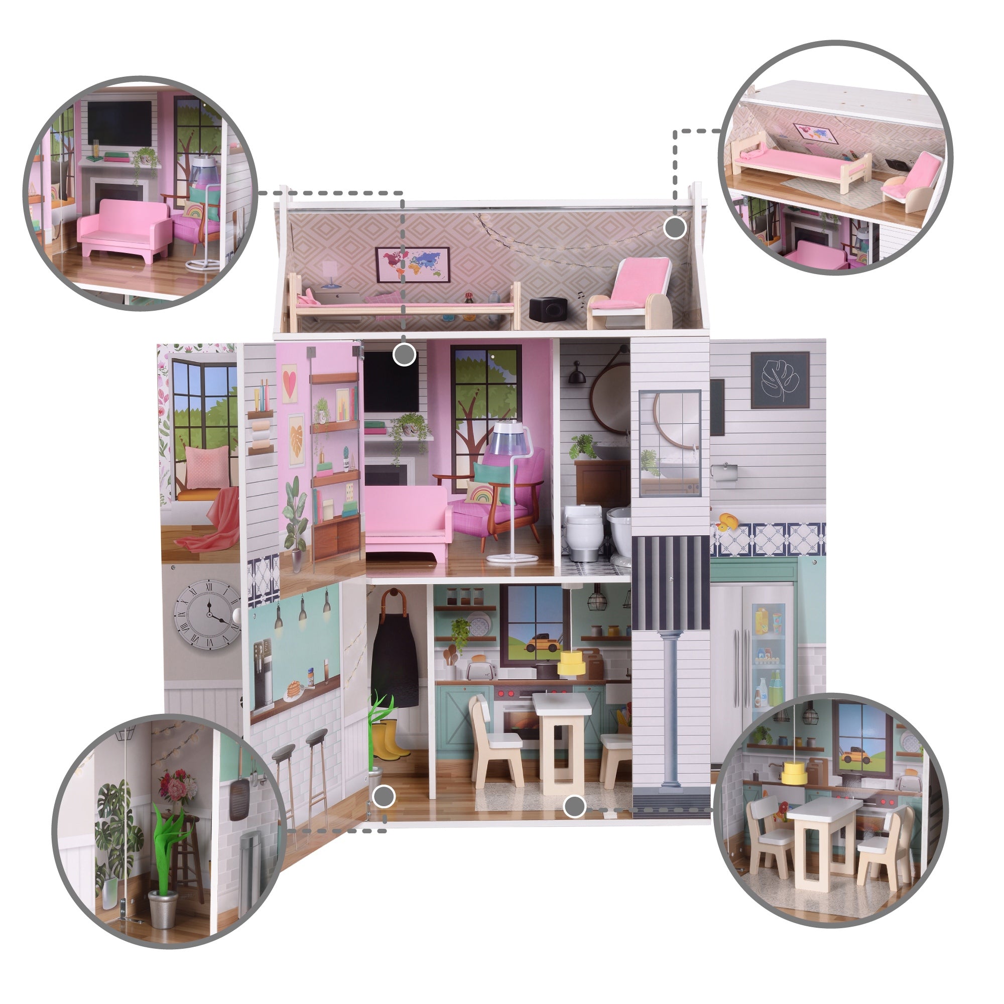 Olivia's Little World Kids Wooden Doll House 3 Floors & 13 Accessories TD-13632A