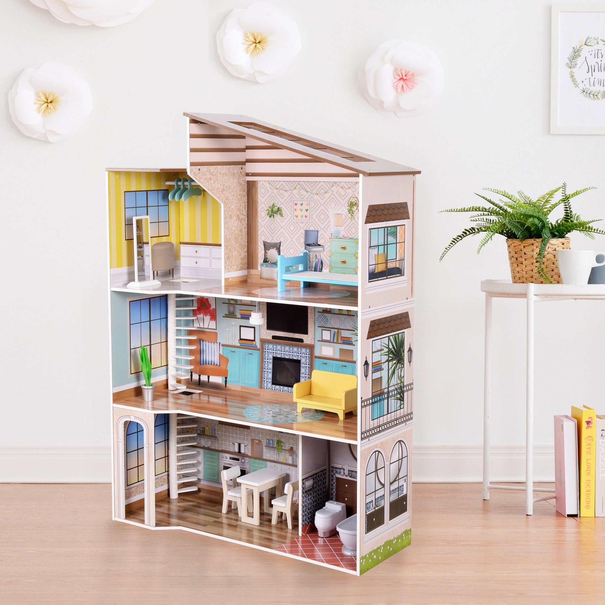 Olivia's Little World Large Kids Wooden Dolls House 3 Floors & 17 Accessories