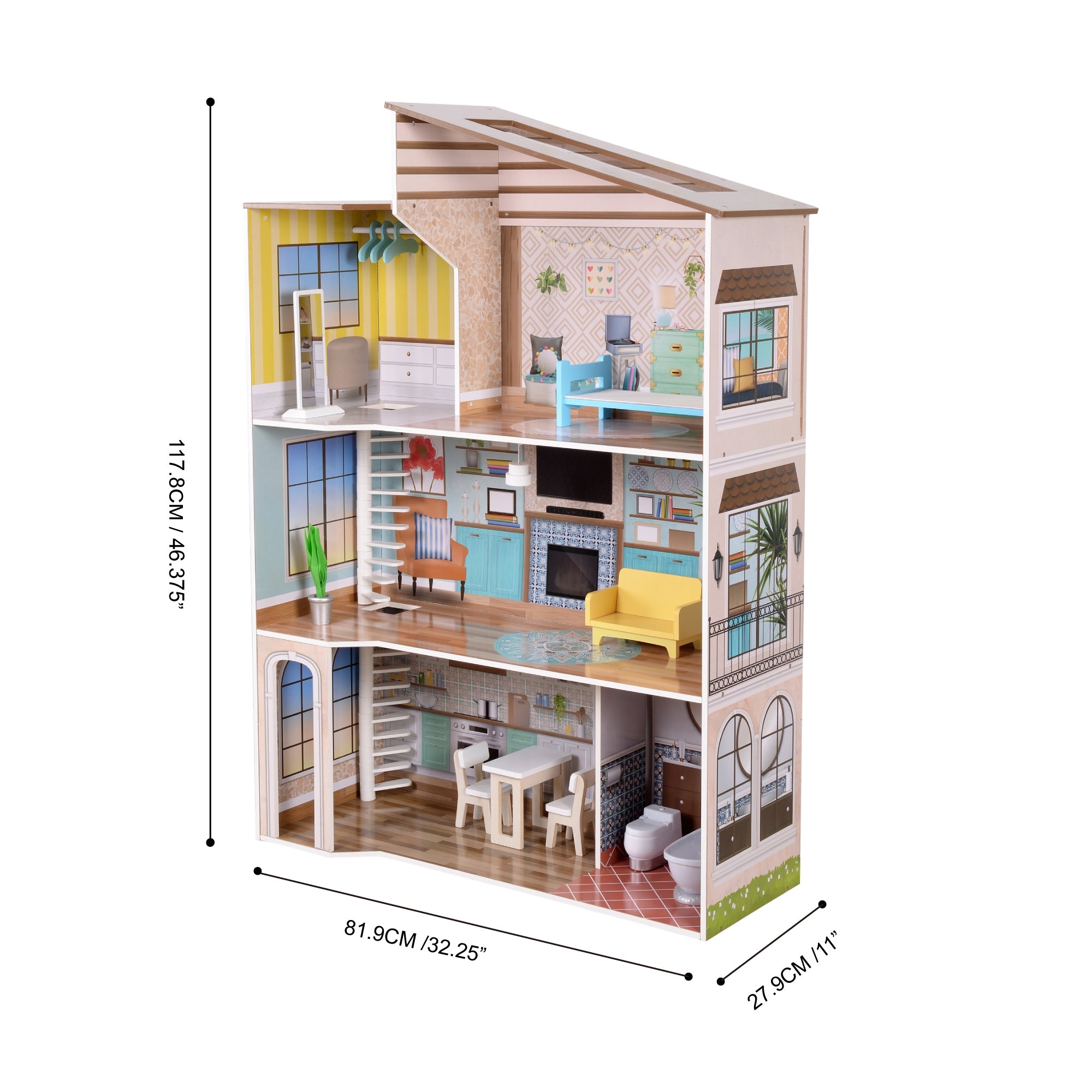 Olivia's Little World Large Kids Wooden Dolls House 3 Floors & 17 Accessories