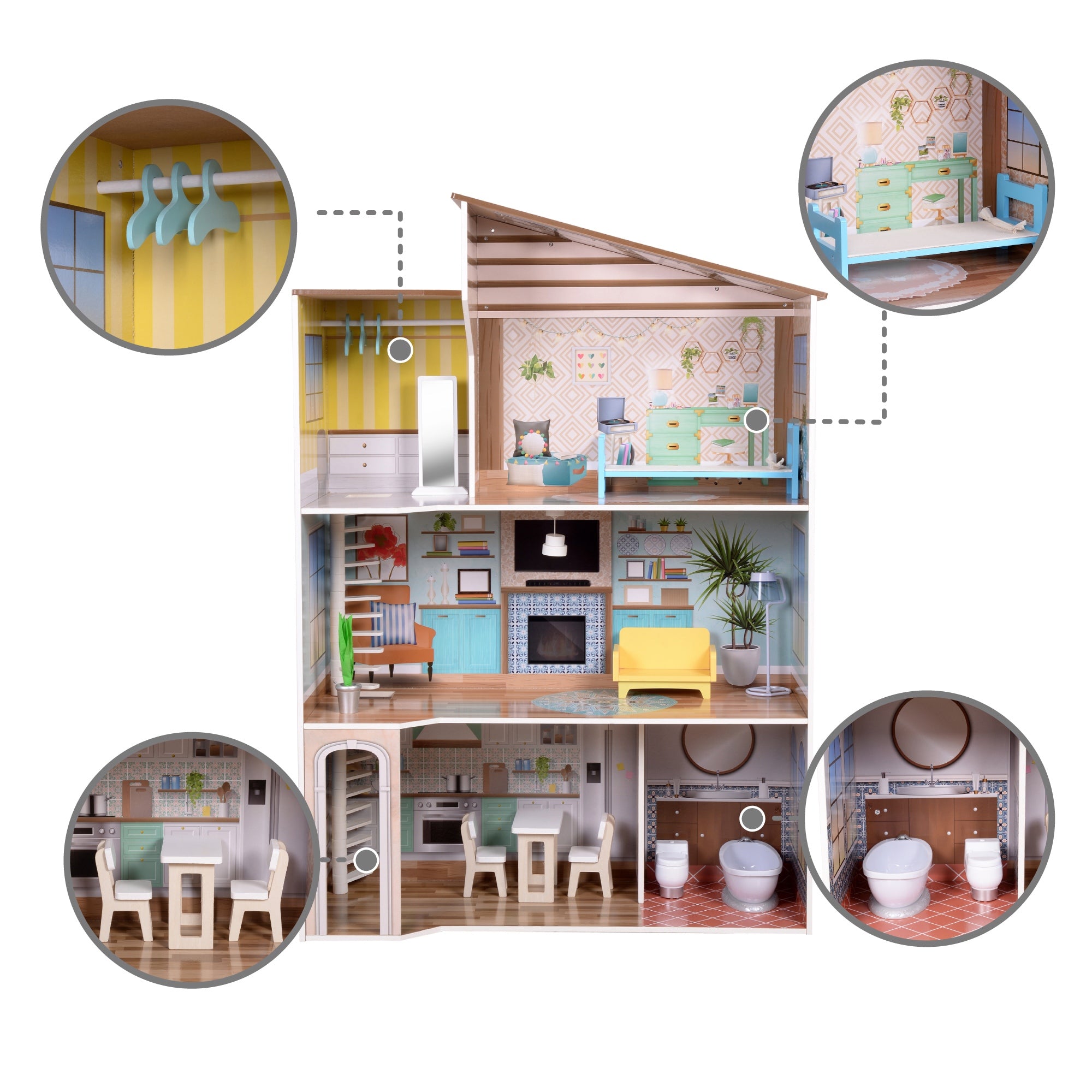 Olivia's Little World Large Kids Wooden Dolls House 3 Floors & 17 Accessories