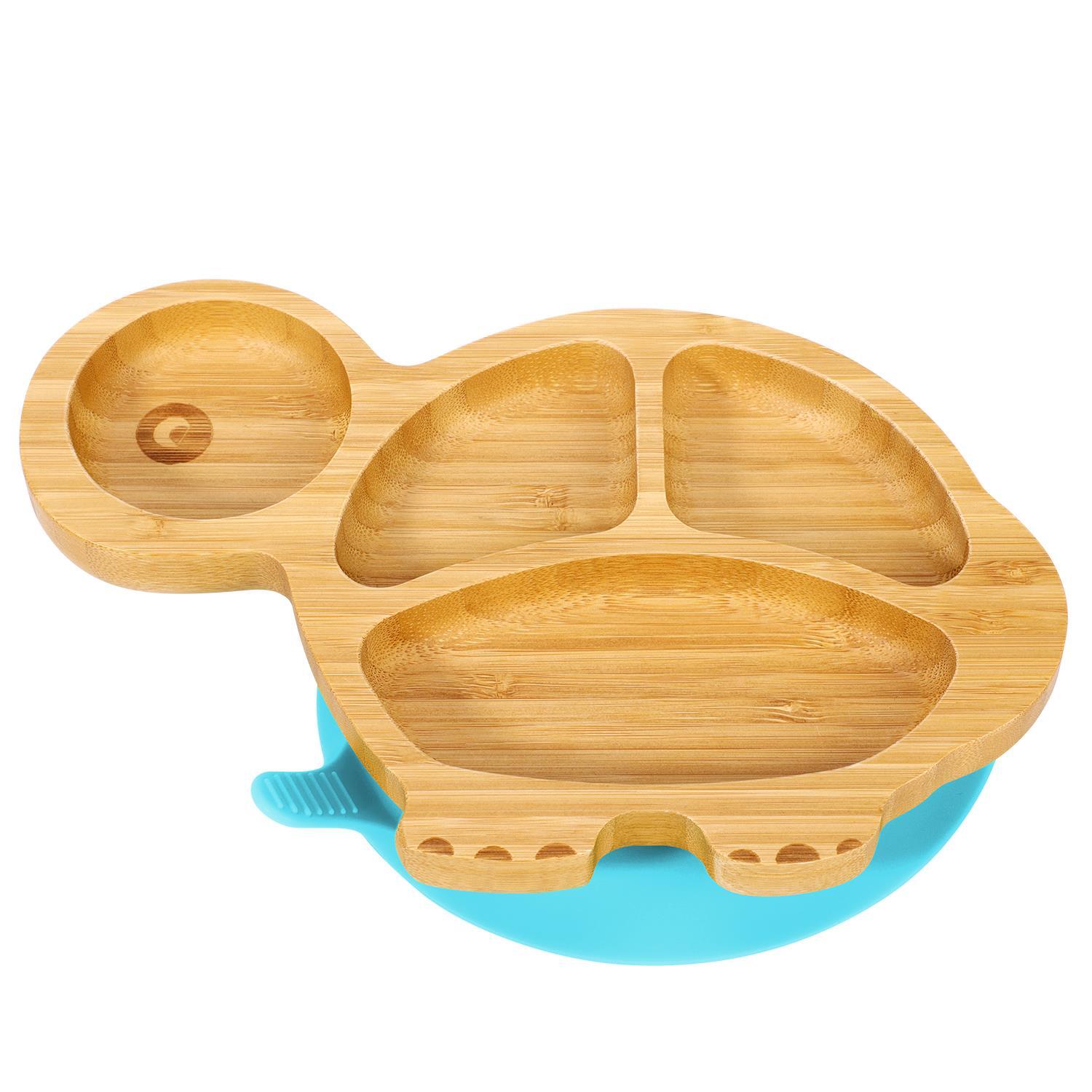 Bamboo Turtle Plate Bowl & Spoon Set Suction Bowl Stay-Put Design - BLUE